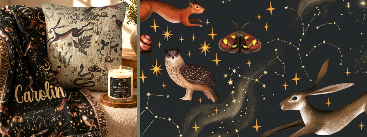 Celestial Woodland Drift pattern — constellations, drifting stardust and watchful woodland creatures in deep midnight blues with golden stars