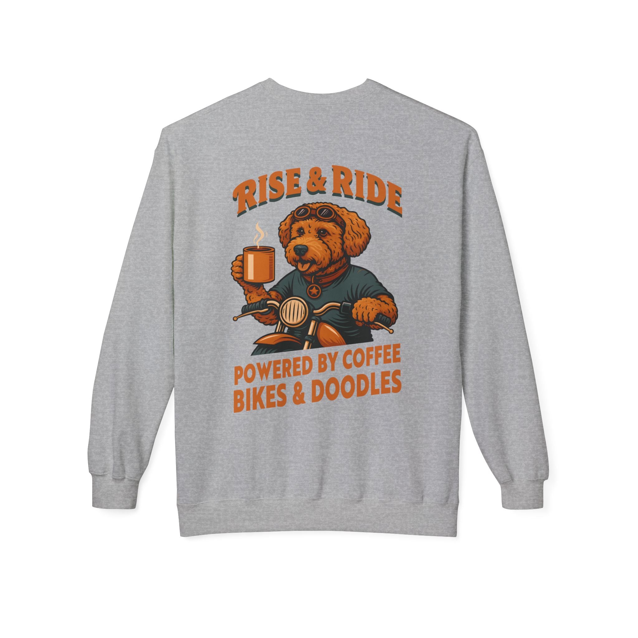 Dog Goldendoodle Biker Coffee Shirt | Rise & Ride Motorcycle Sweatshirt for Men Back Print