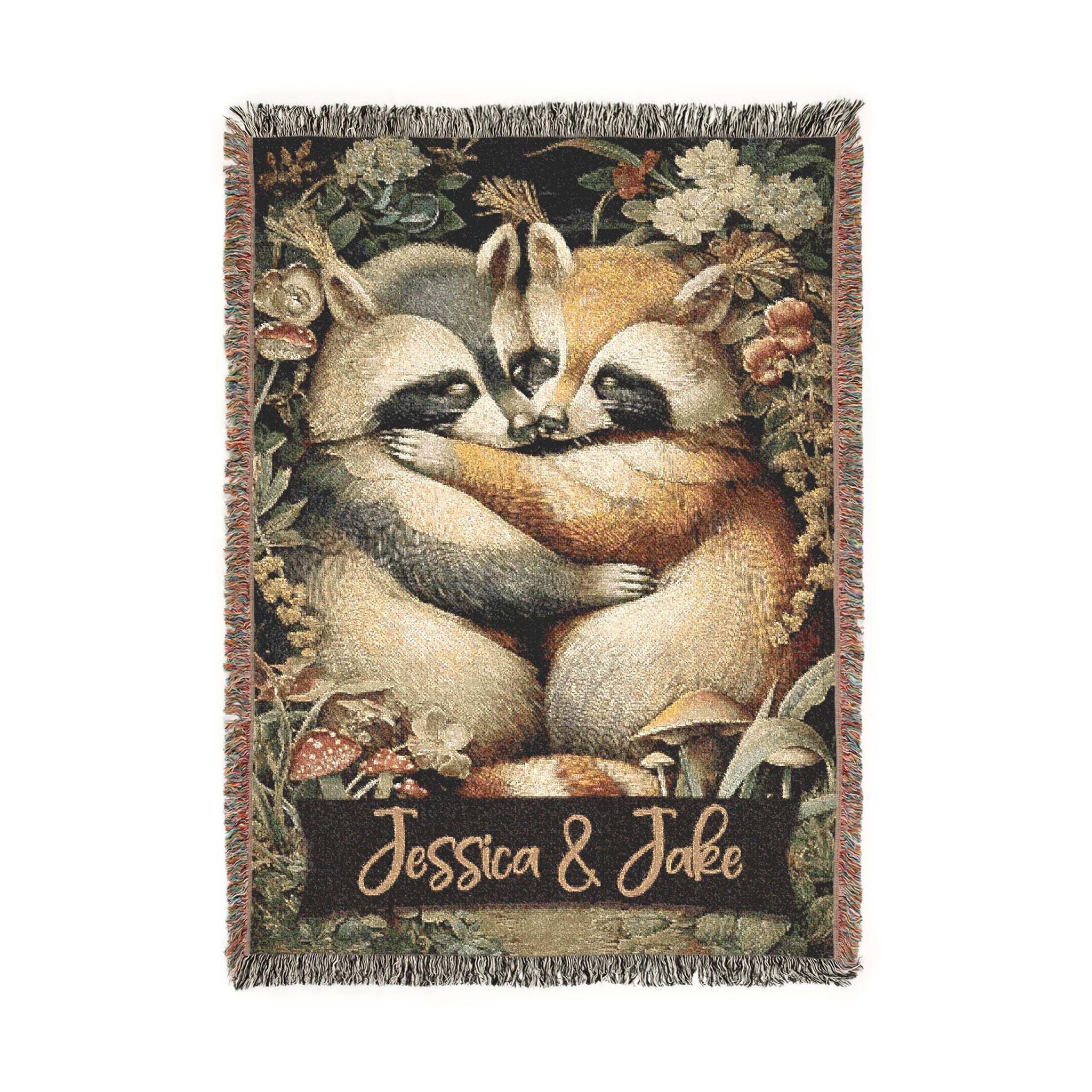 Valentine Custom Raccoon Woven Tapestry Blanket | Personalized Cabincore Woodland Gift