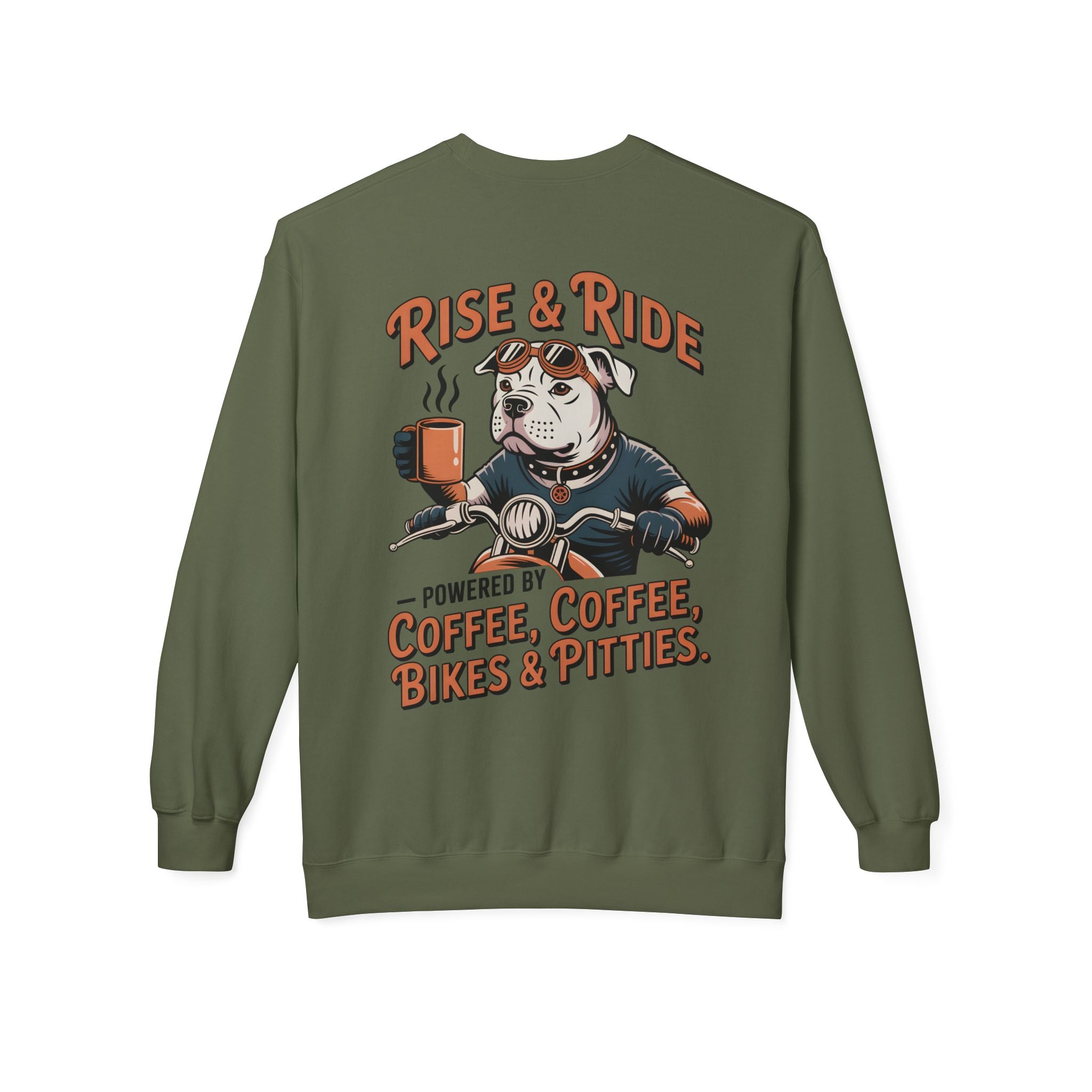 Dog White Pitbull Biker Coffee Pullover | Men's Motorcycle Sweatshirt with Back Print