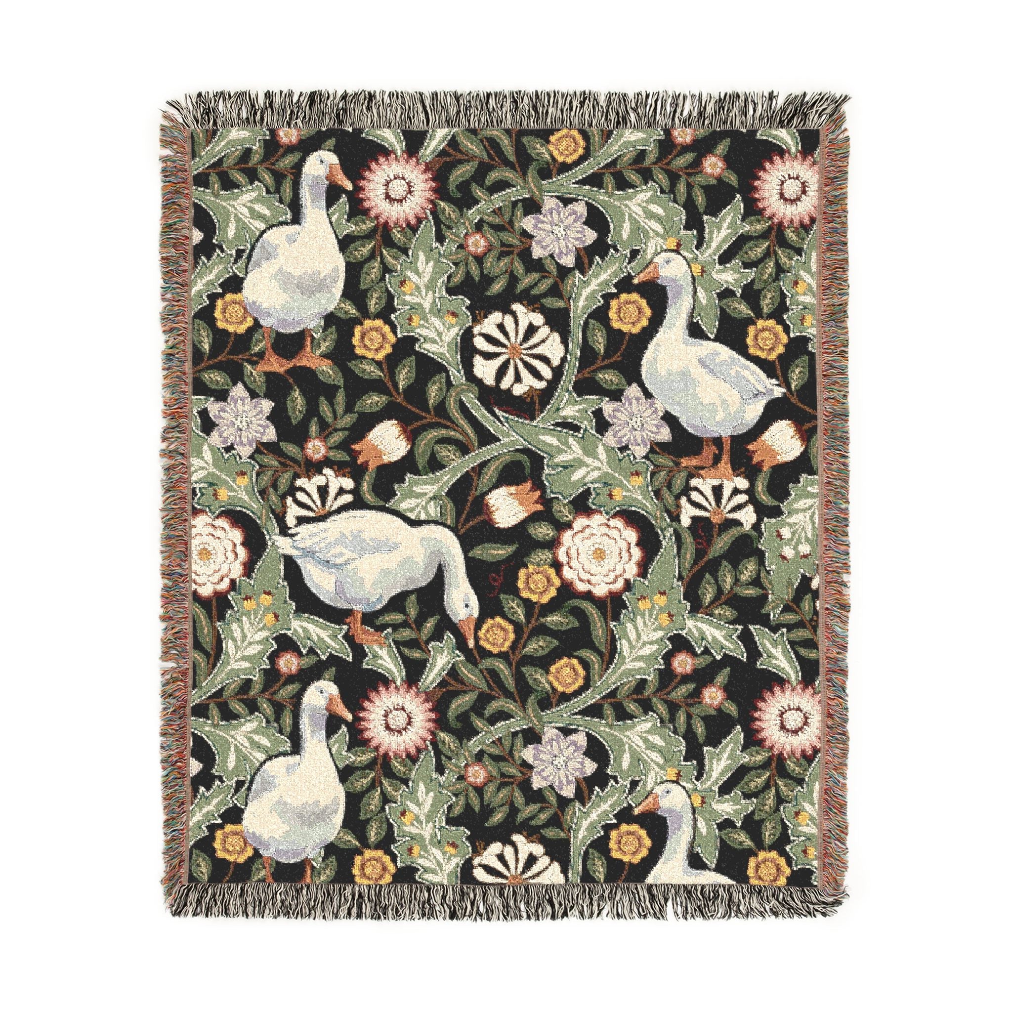 Decorative blanket with floral and geese pattern on a white background