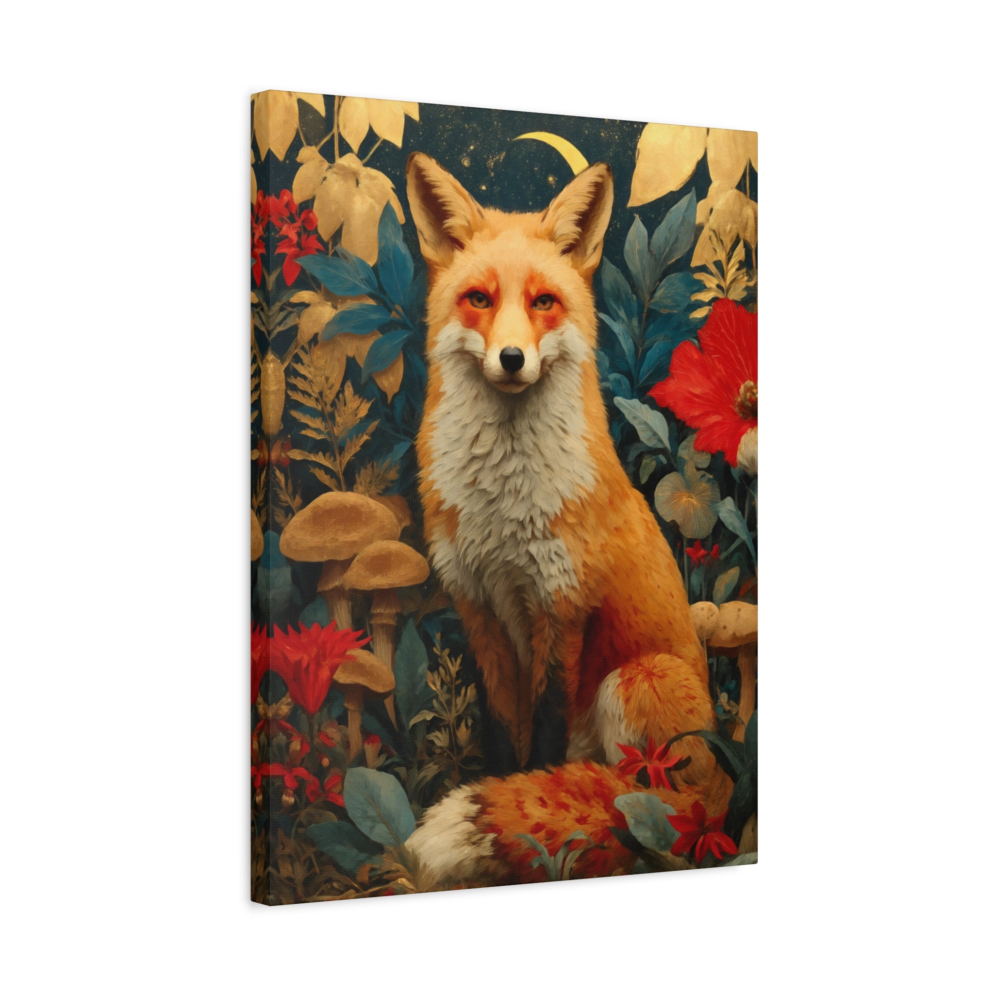 Red Fox Canvas Wall Art | Woodland Creatures Print in Deep Navy & Warm Earth Tones