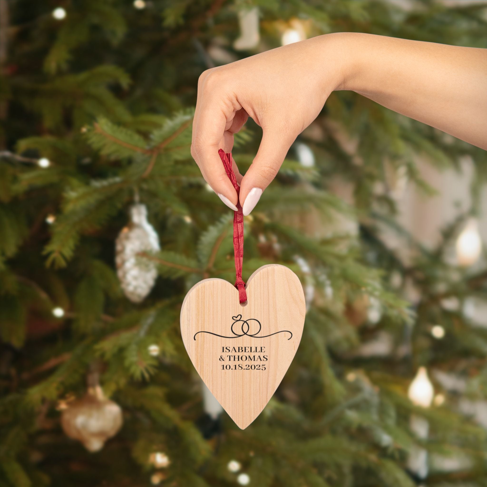 Personalized Engagement Wooden Ornament | Wedding Day Christmas Ornament Wood Heart