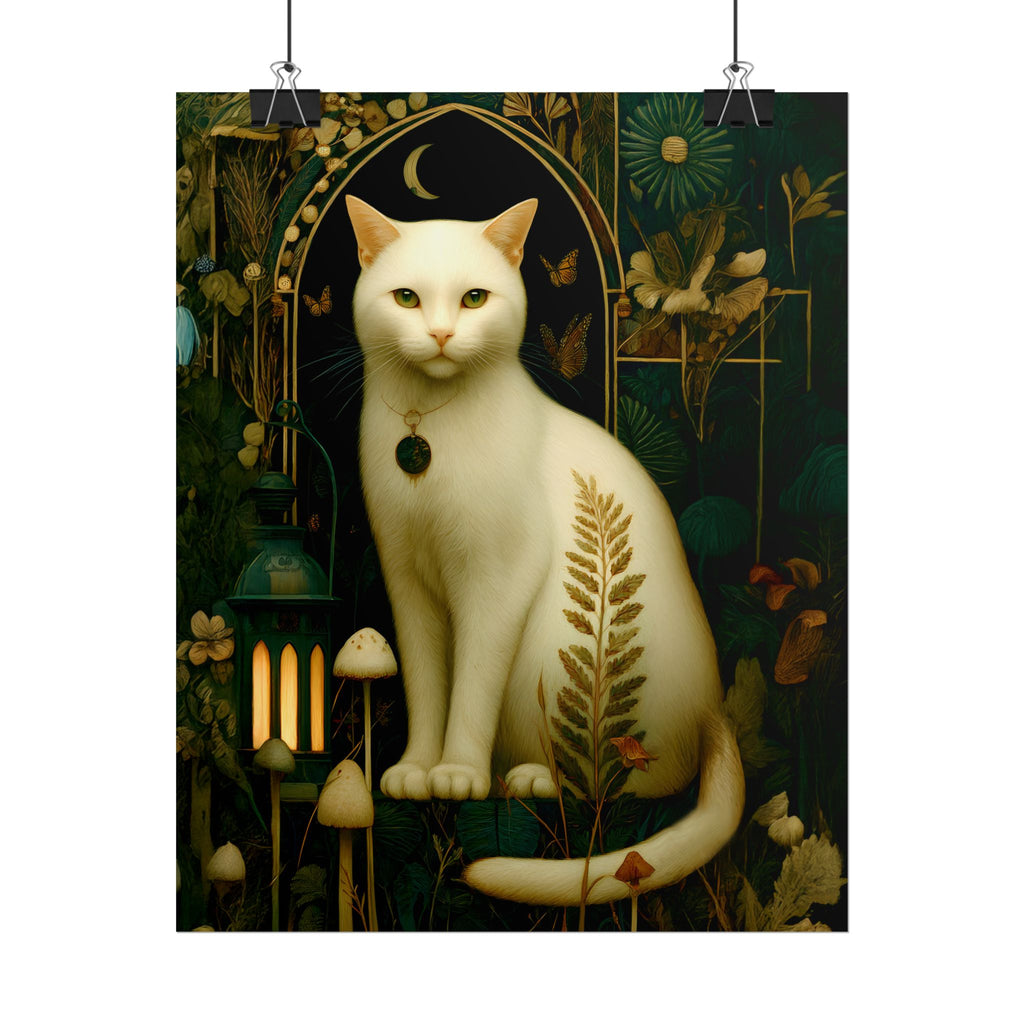 The Moonlit Cat Wall Art | The Forest Garden White Cat Poster for Cat Lovers