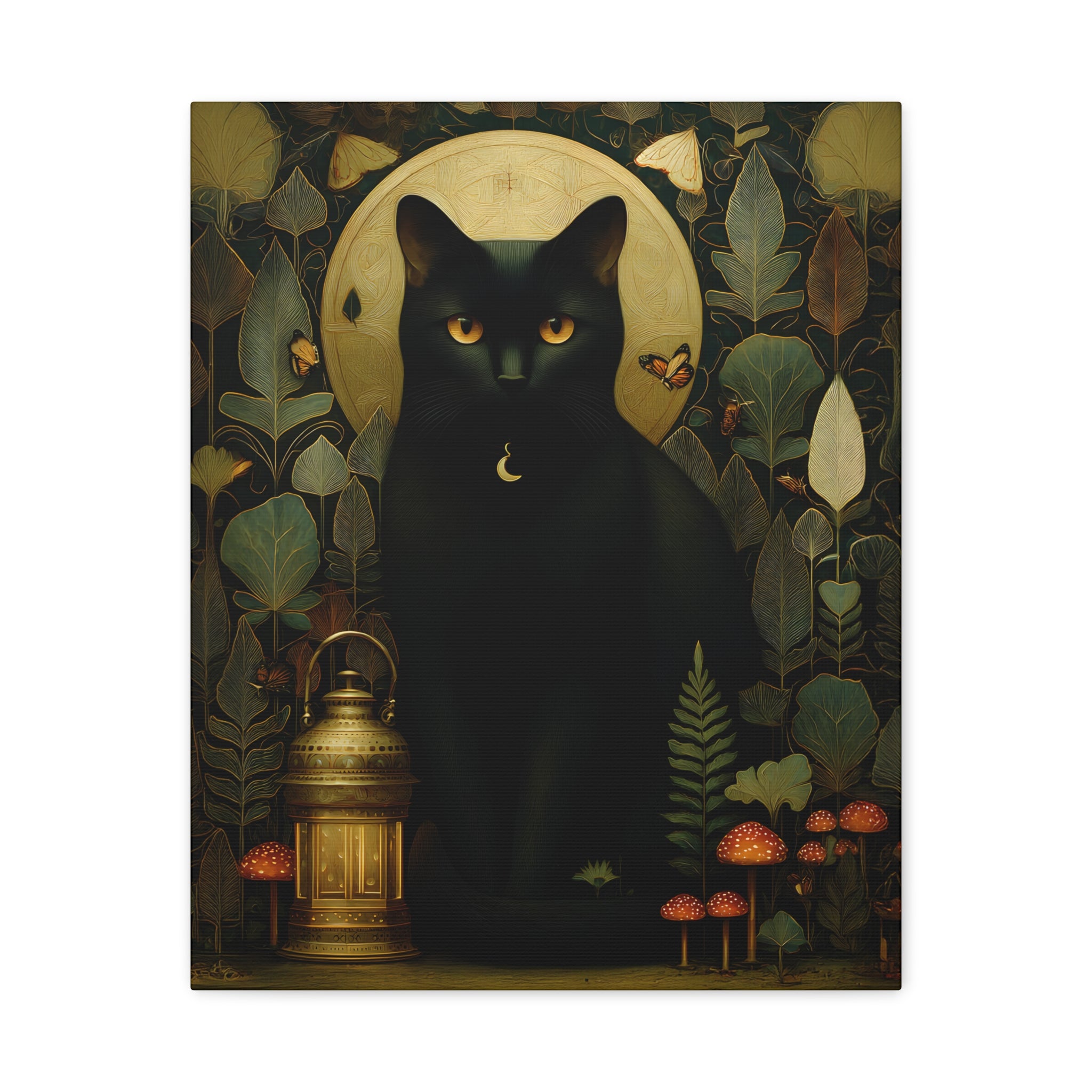 Black Cat Canvas | Forest Garden Botanical Wall Art with Painterly Texture