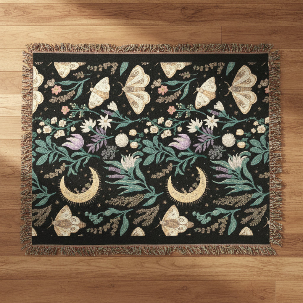 Decorative throw blanket with butterfly and floral pattern on a black background
