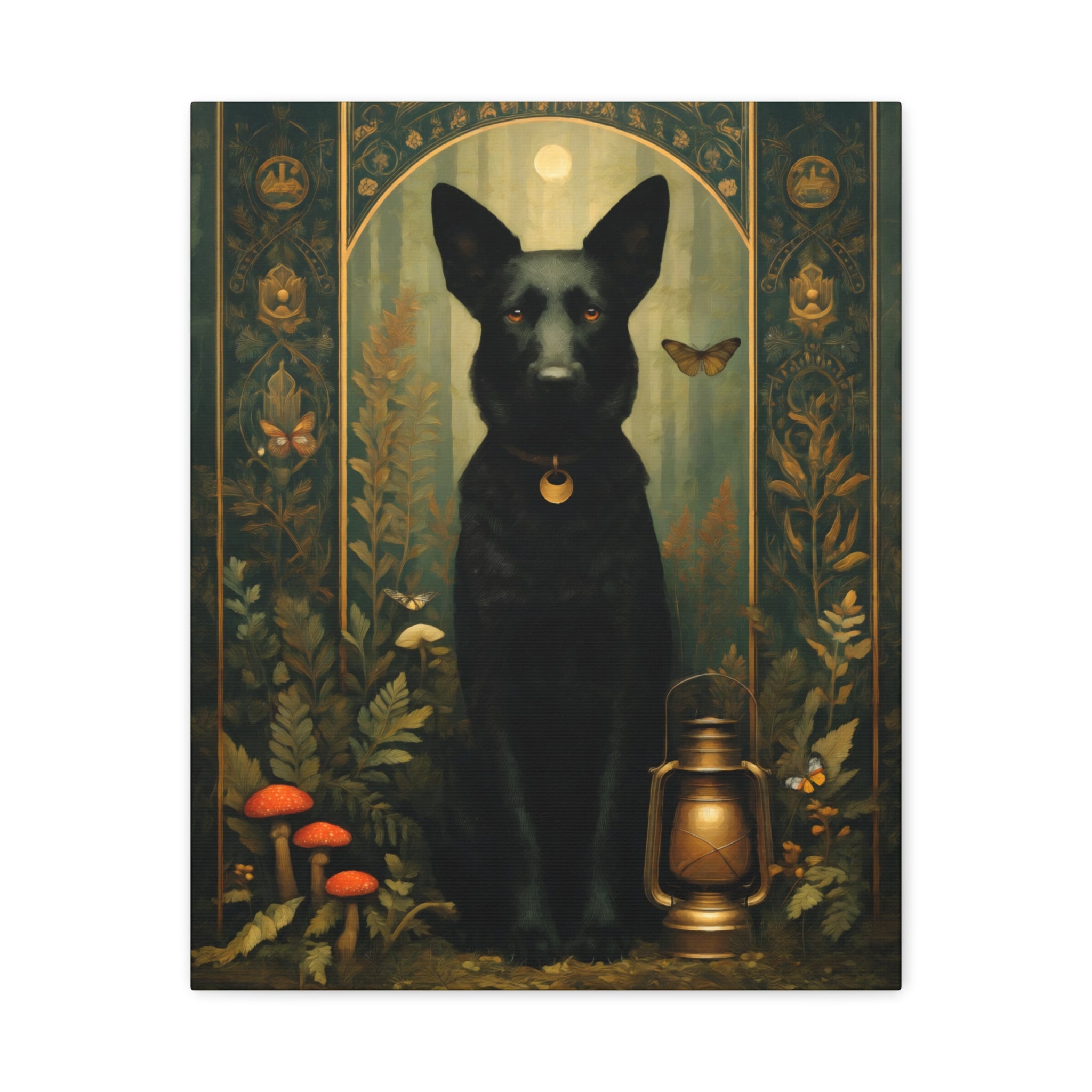 Black German Shepherd Canvas | Forest Garden Botanical Dog Wall Art with Painterly