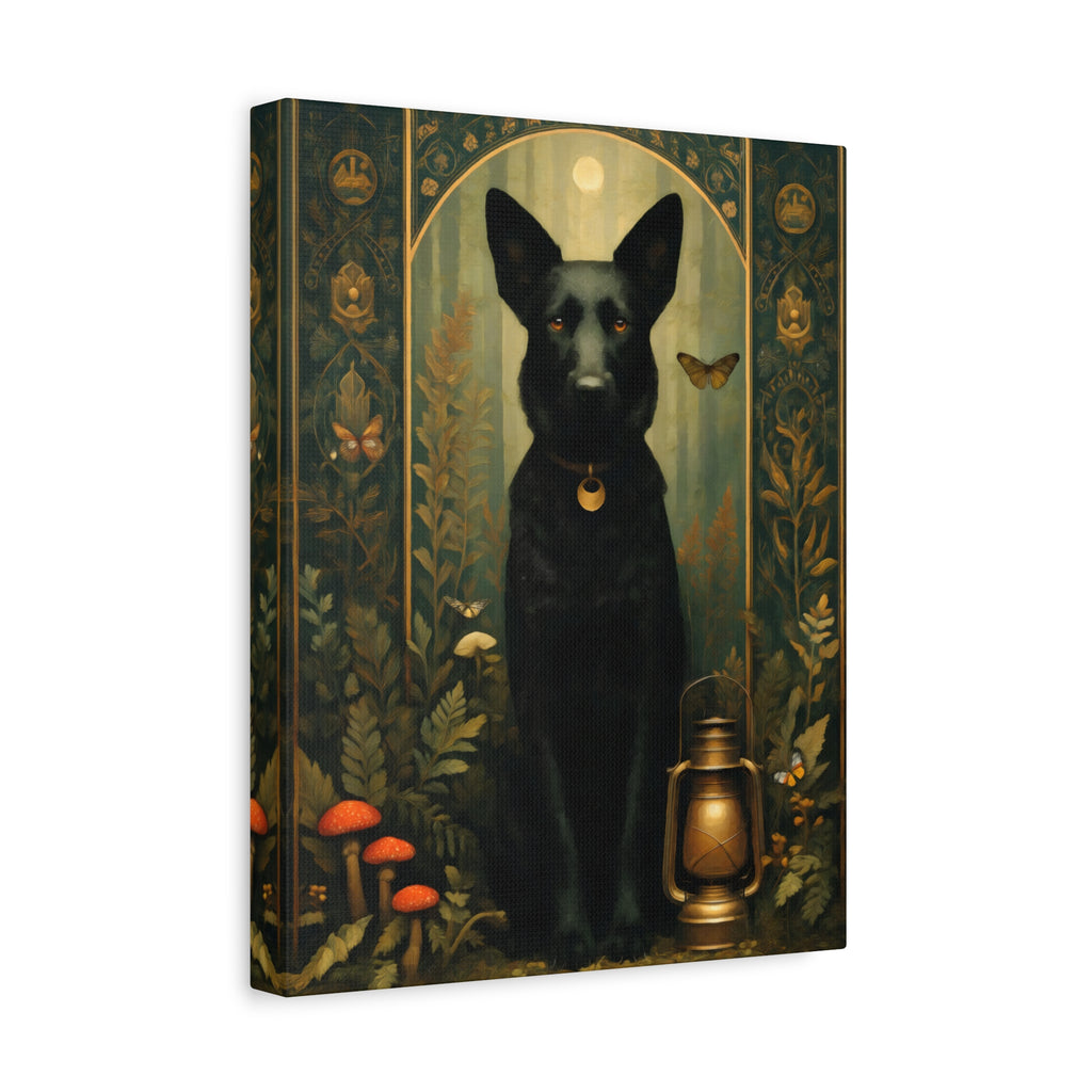 Black German Shepherd Canvas | Forest Garden Botanical Dog Wall Art with Painterly