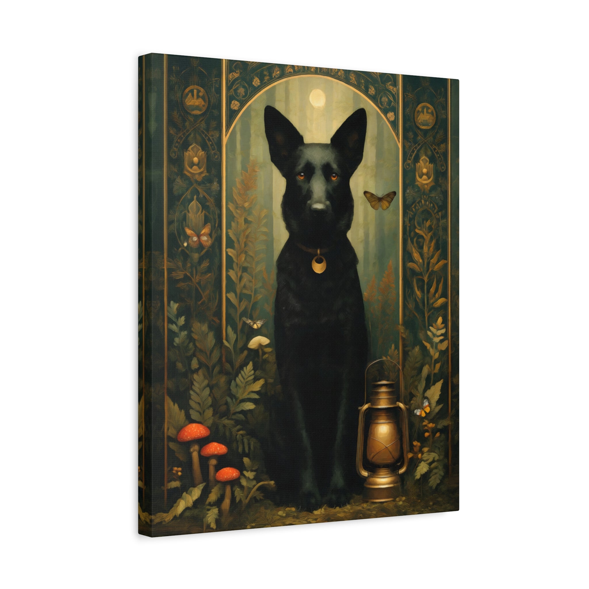 Black German Shepherd Canvas | Forest Garden Botanical Dog Wall Art with Painterly