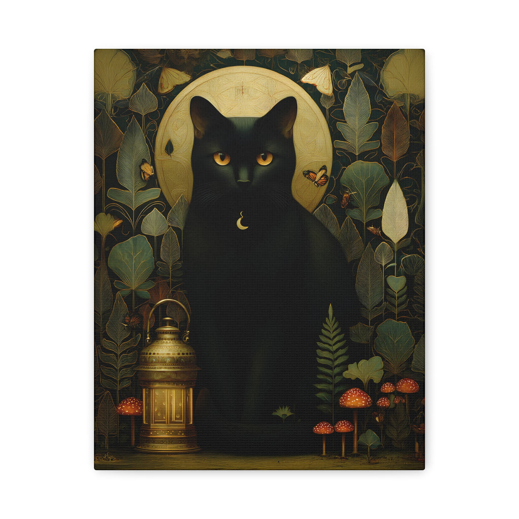 Black Cat Canvas | Forest Garden Botanical Wall Art with Painterly Texture