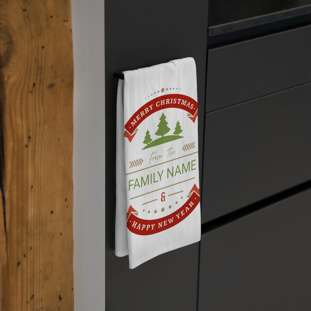 Custom Christmas Tea Towel for Festive Kitchen Decor, Personalized Gift with Family Name, Holiday Home Accessory