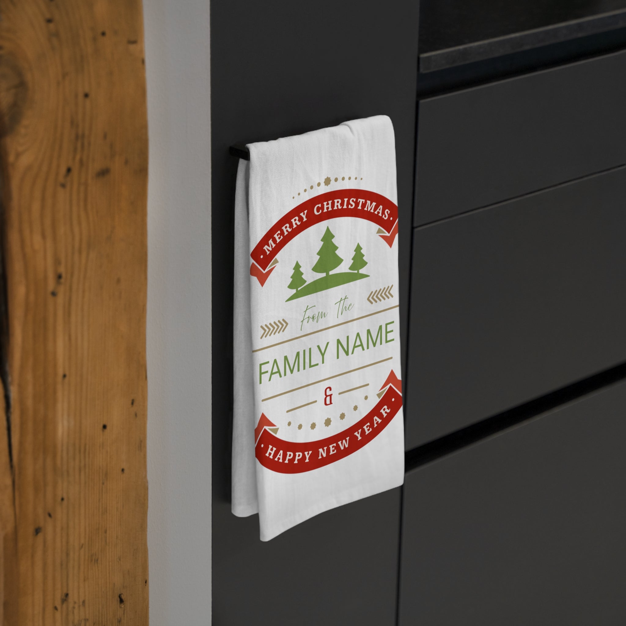 Custom Christmas Tea Towel for Festive Kitchen Decor, Personalized Gift with Family Name, Holiday Home Accessory
