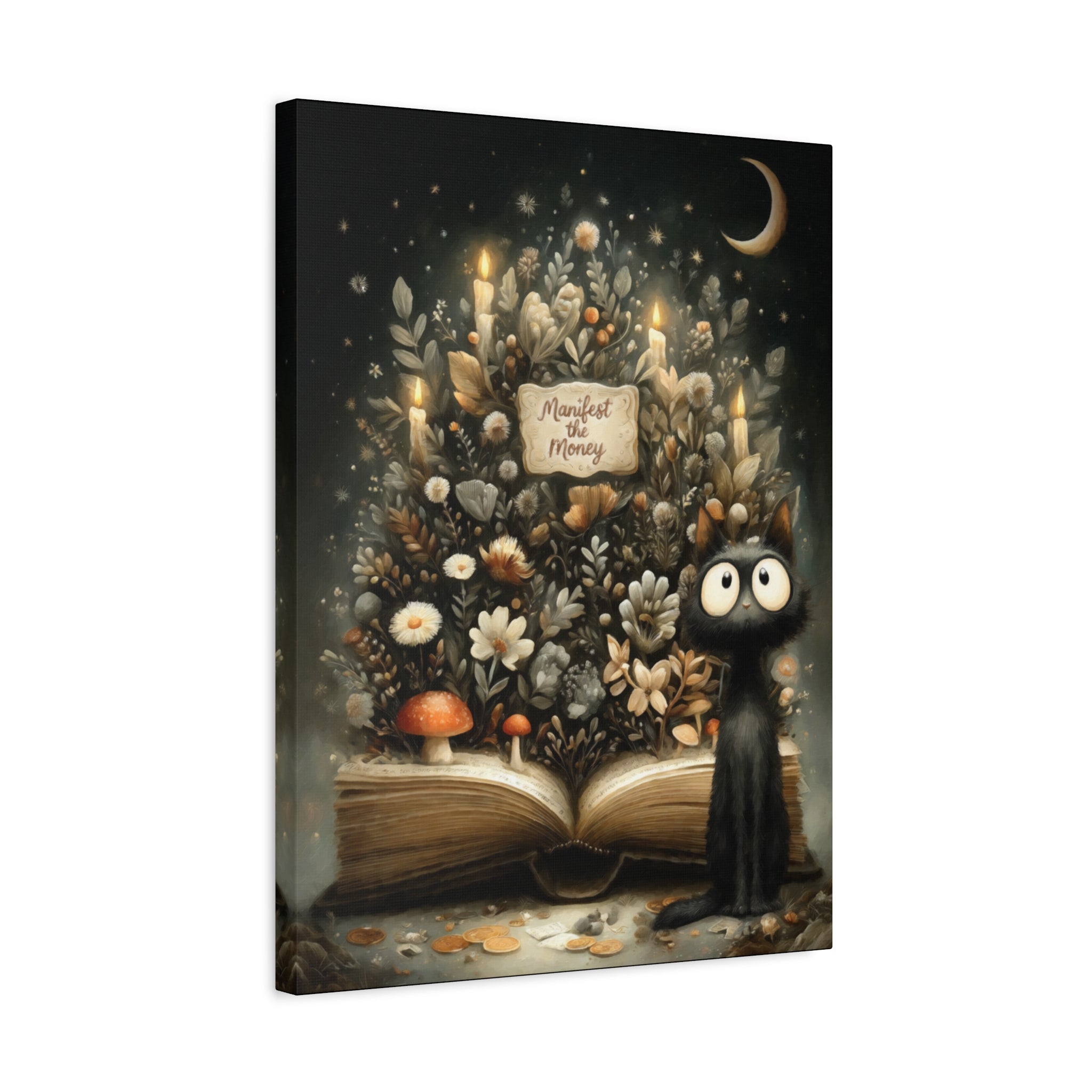 Manifest the Money Canvas Art | Mystical Black Cat Floral Painting for Cozy Home Decor