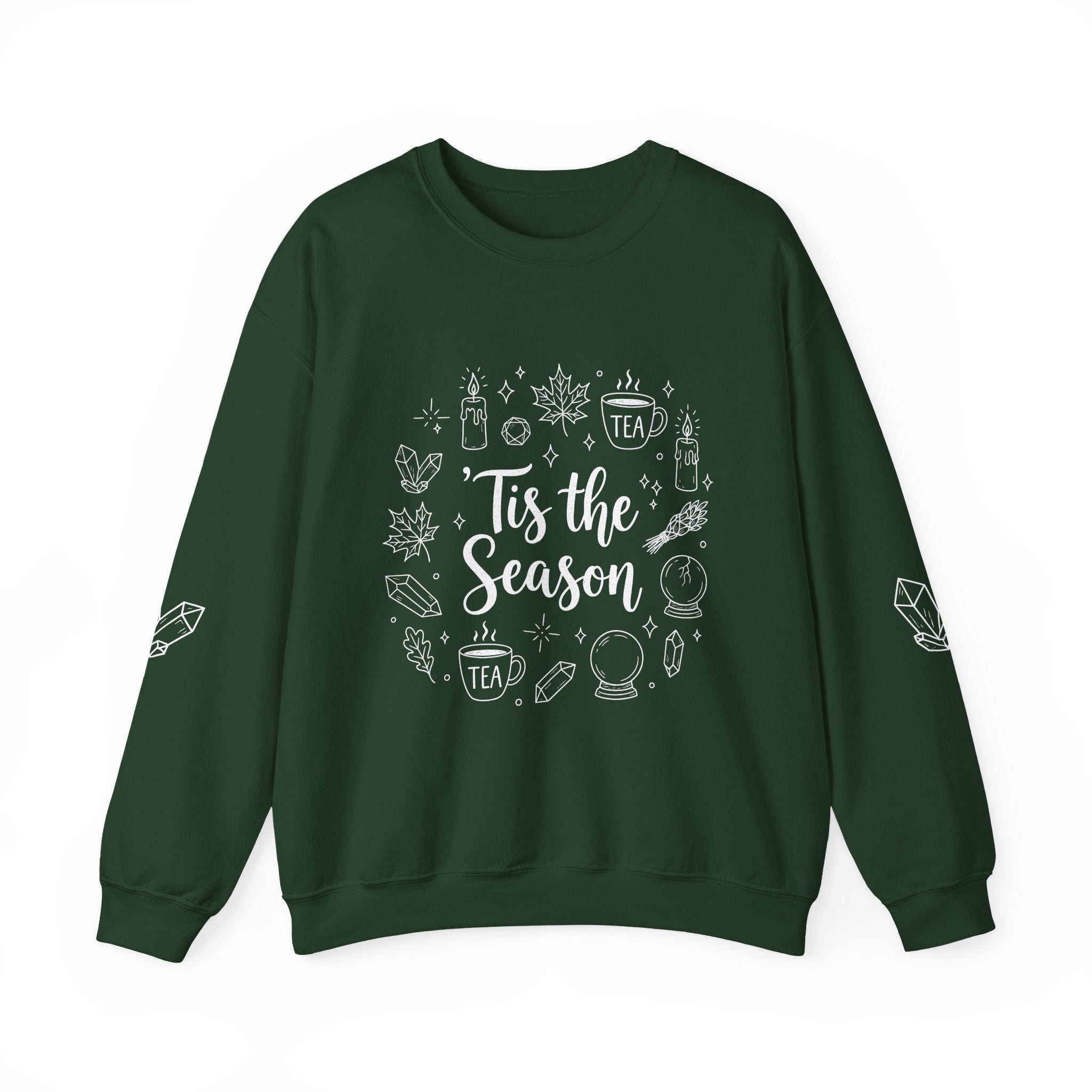 Tis the Season Doodles Sweatshirt | Mystical Celestial Holiday Mystic Crewneck with Printed Sleeves