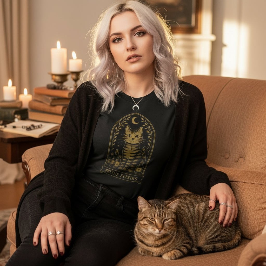 Black t-shirt with gold cat graphic and 'Feline Elixirs' text on a white background