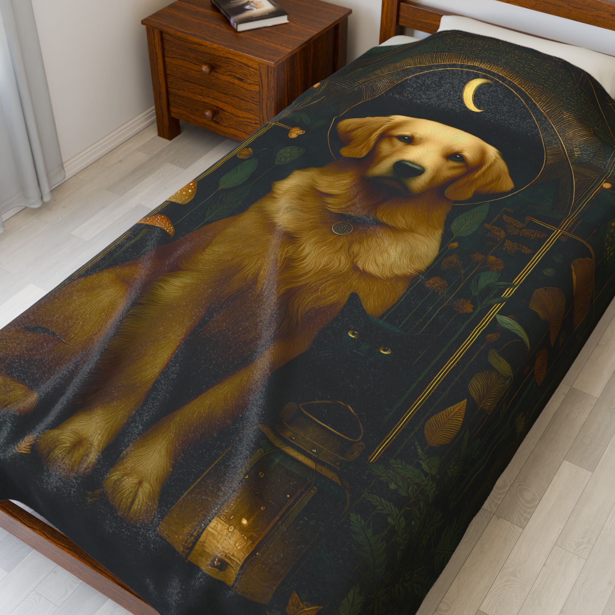 Golden Retriever & Black Cat Plush Blanket | Cozy Cabincore Cottagecore Dog Lover Throw