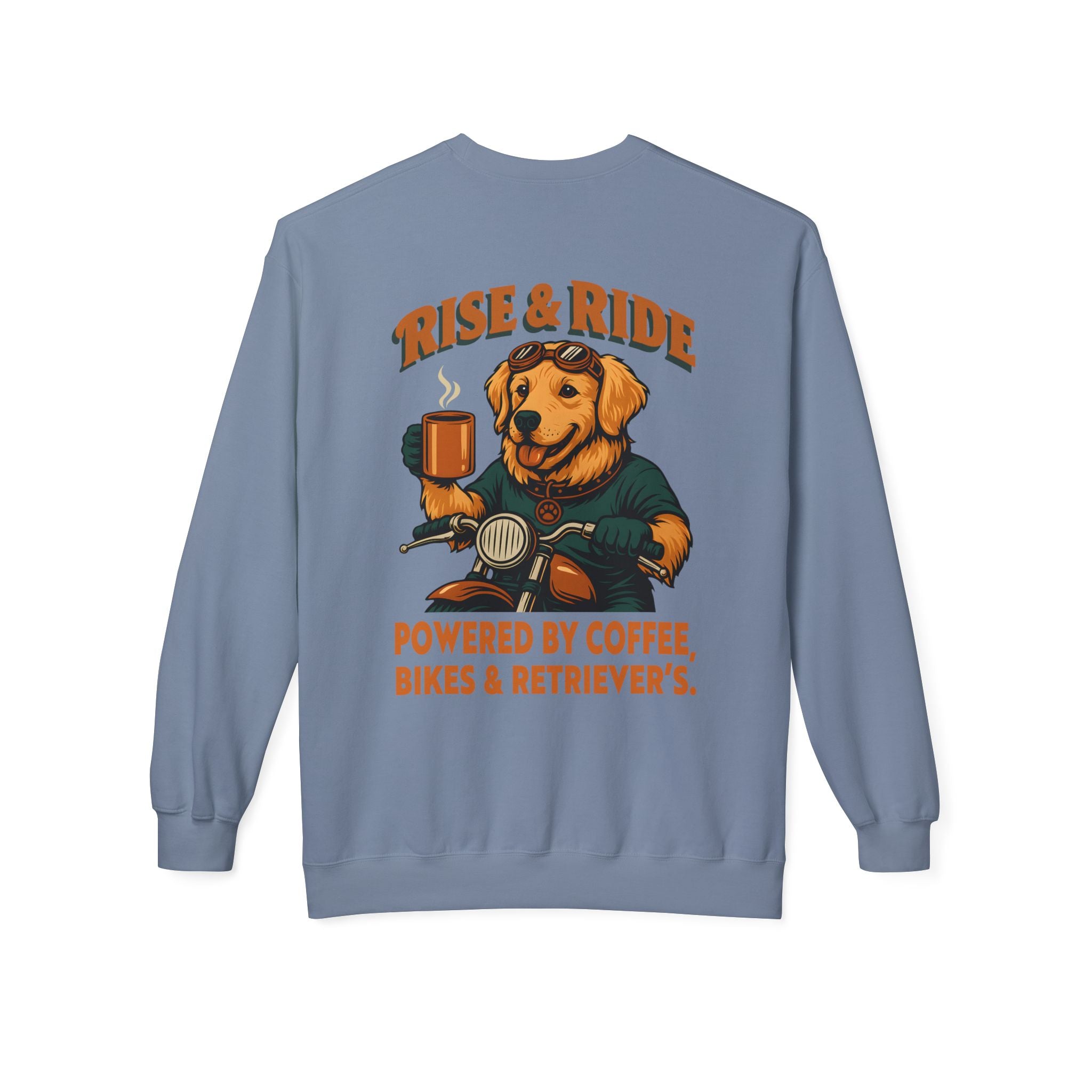 Dog Golden Retriever Biker Coffee Shirt | Rise & Ride Motorcycle Sweatshirt for Men Back Print