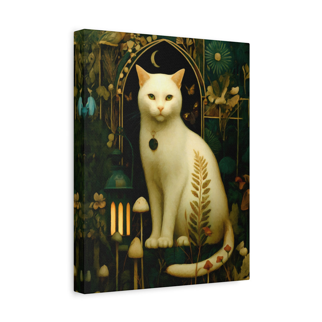 White Cat Canvas | Forest Garden Botanical Wall Art with Painterly Texture