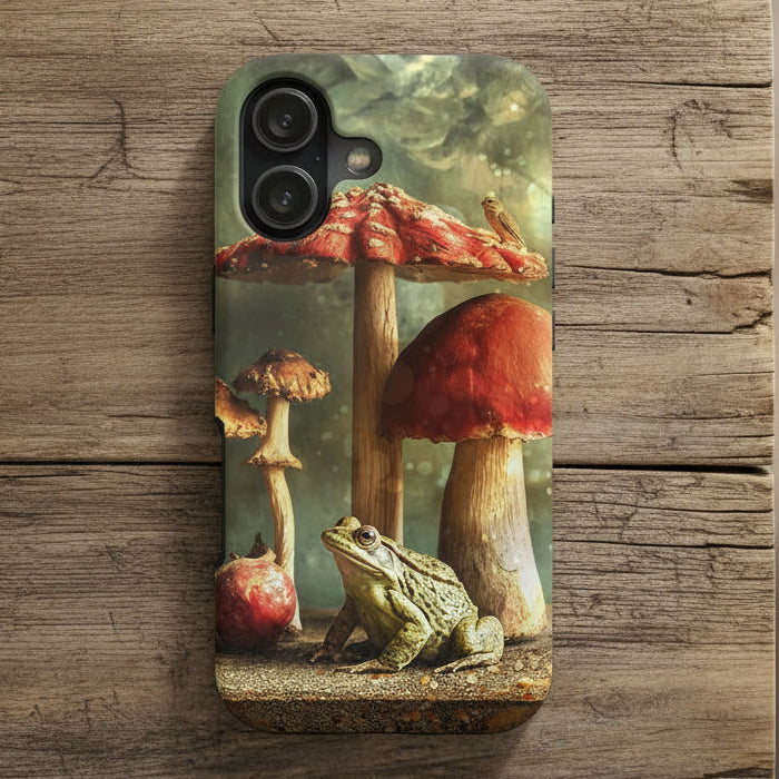 Phone case with a design of a frog, mushrooms, and an apple in a forest setting.