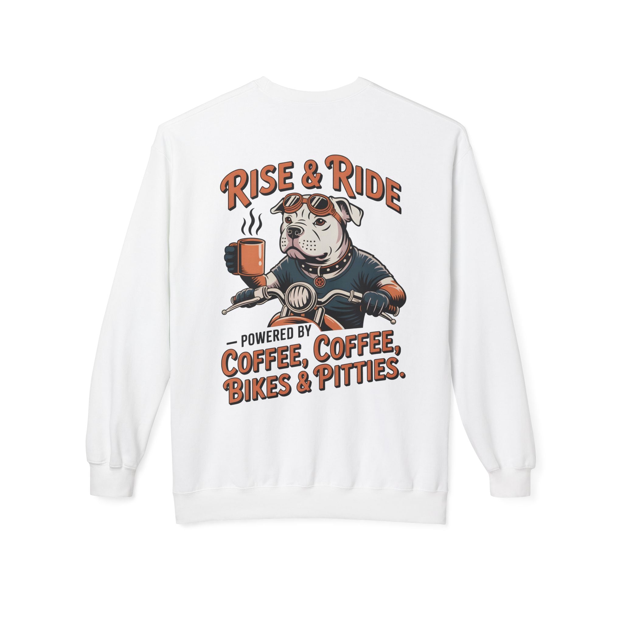 Dog White Pitbull Biker Coffee Pullover | Men's Motorcycle Sweatshirt with Back Print