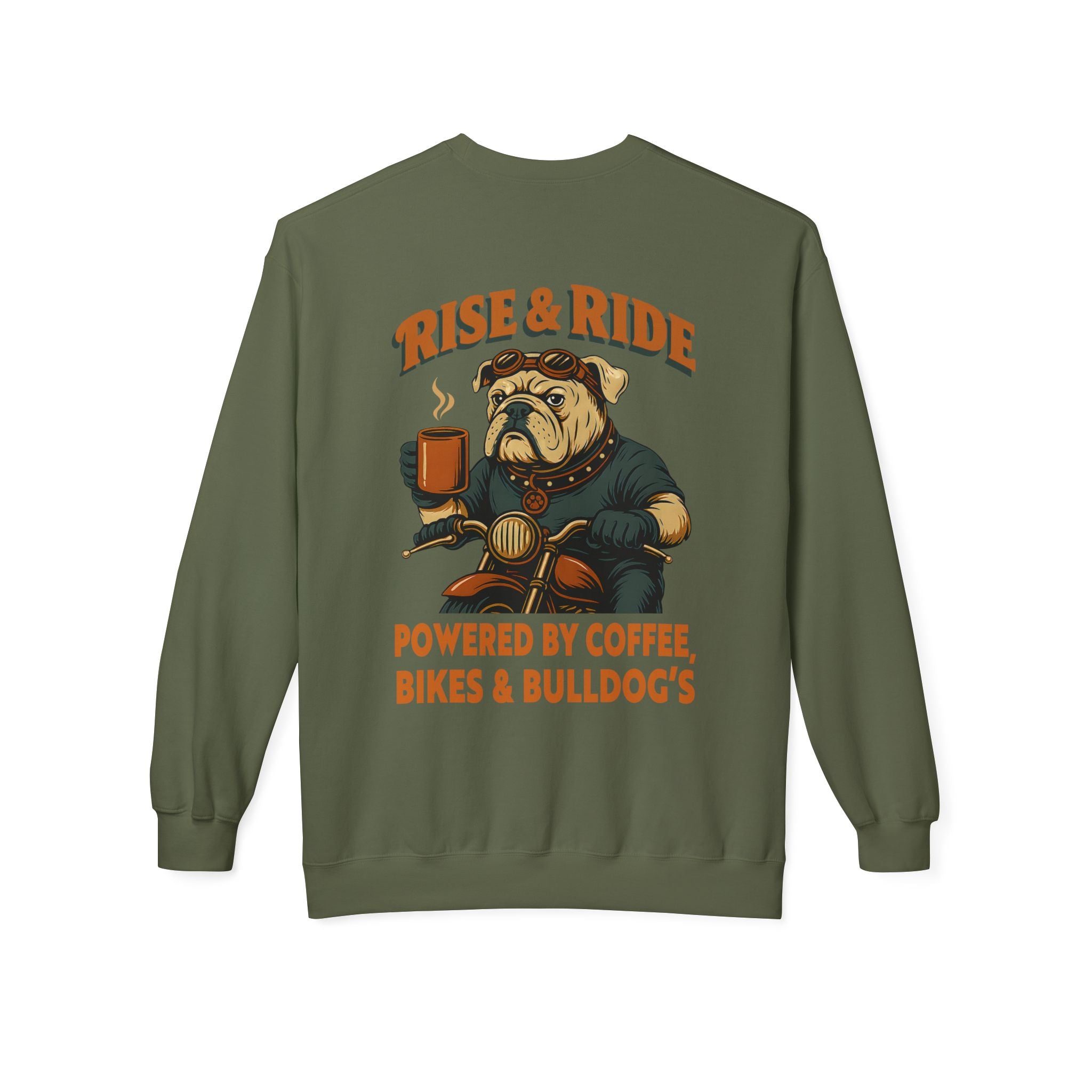 Dog Bulldog Biker Coffee Shirt | Rise & Ride Motorcycle Sweatshirt for Men Back Print