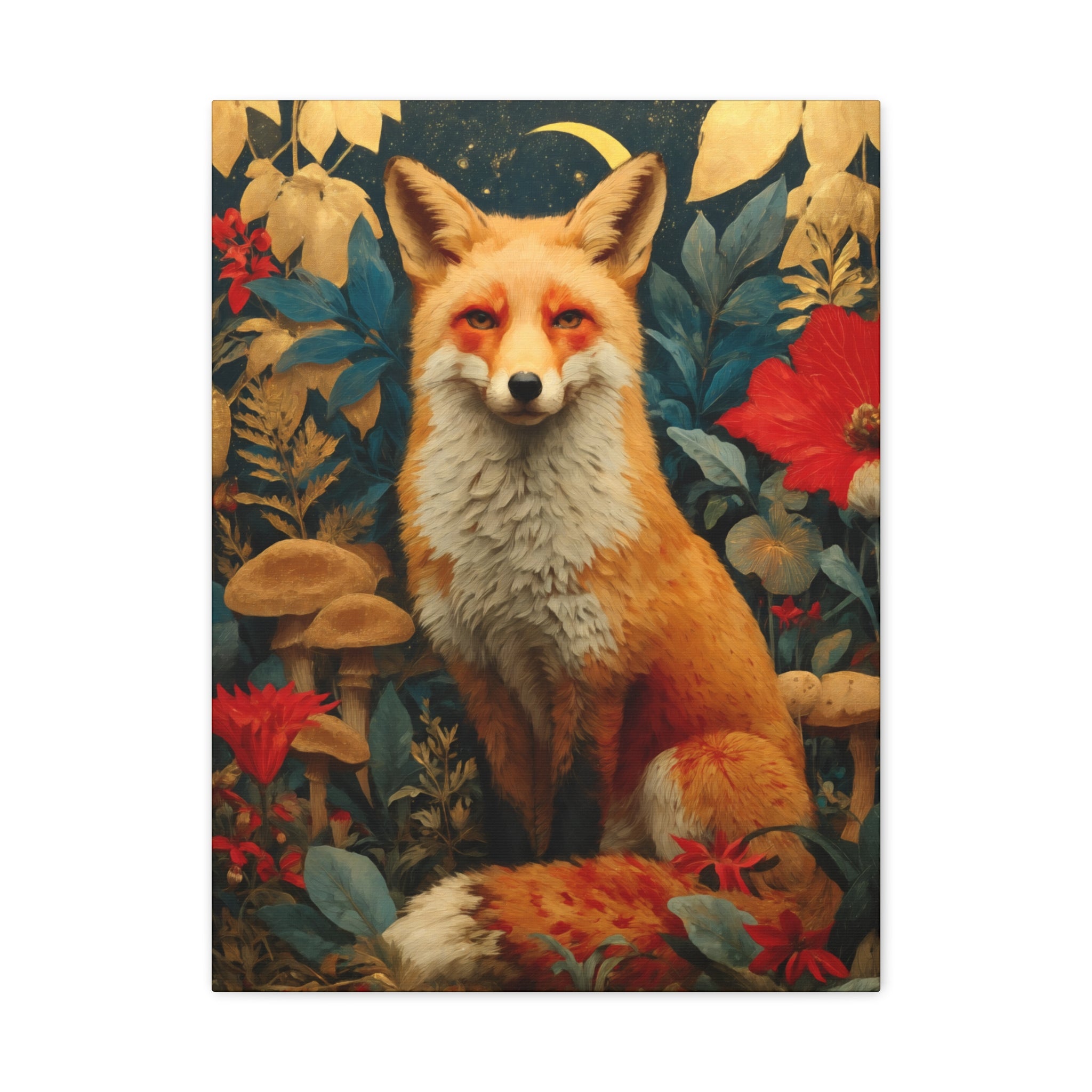 Red Fox Canvas Wall Art | Woodland Creatures Print in Deep Navy & Warm Earth Tones