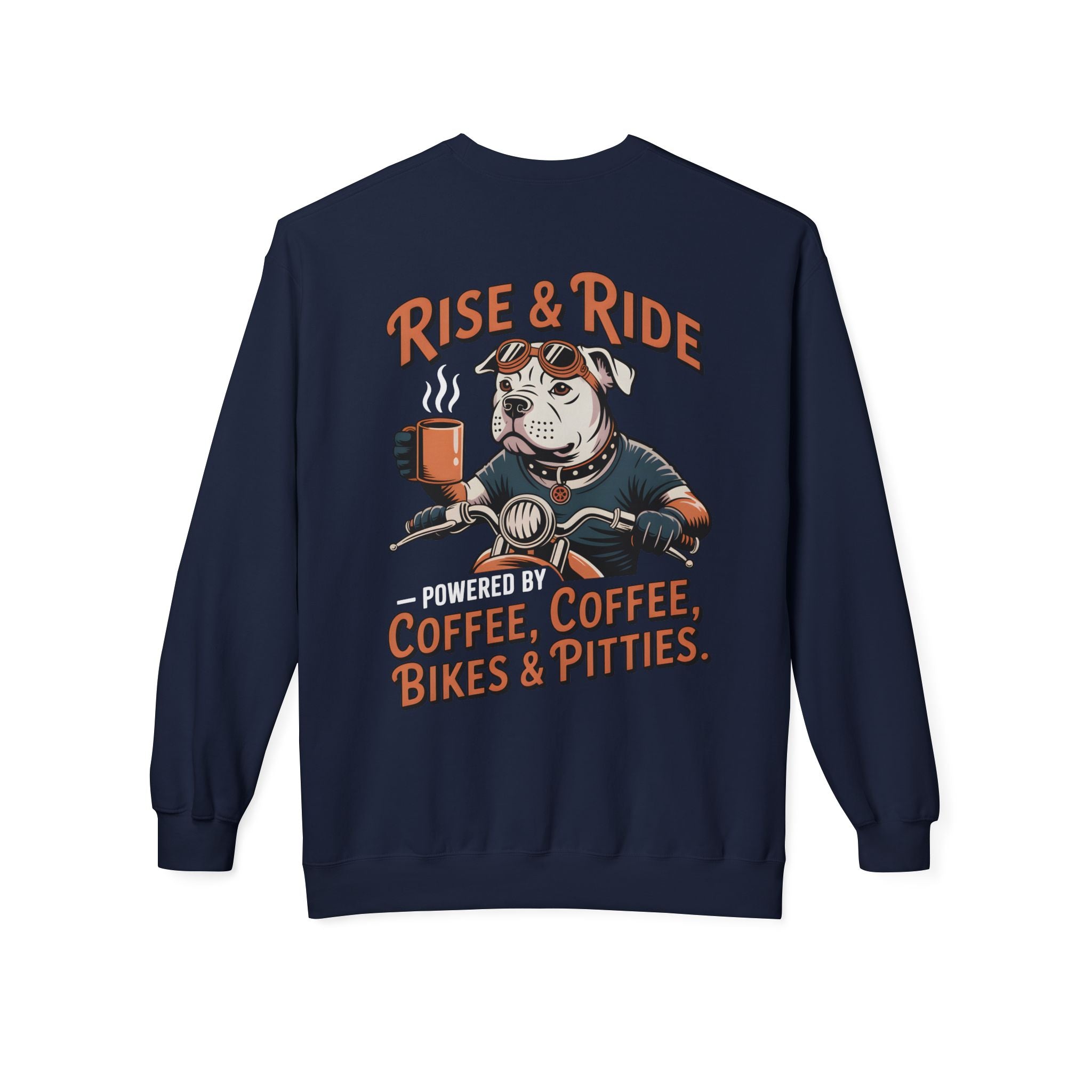 Dog White Pitbull Biker Coffee Pullover | Men's Motorcycle Sweatshirt with Back Print