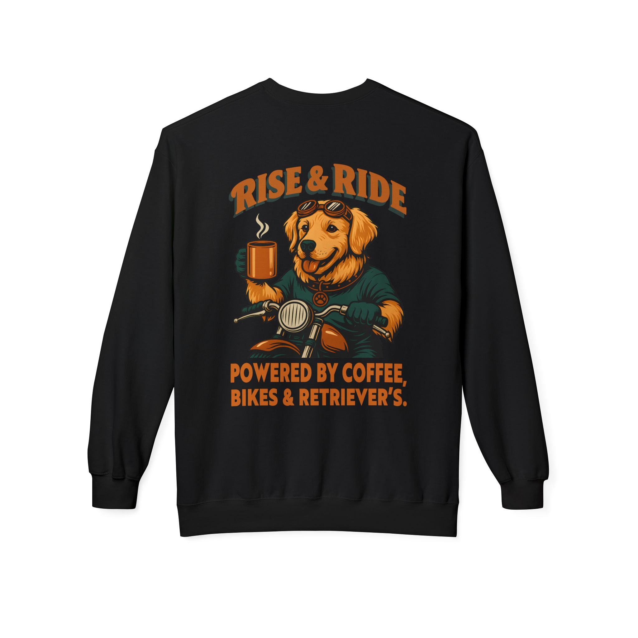 Dog Golden Retriever Biker Coffee Shirt | Rise & Ride Motorcycle Sweatshirt for Men Back Print