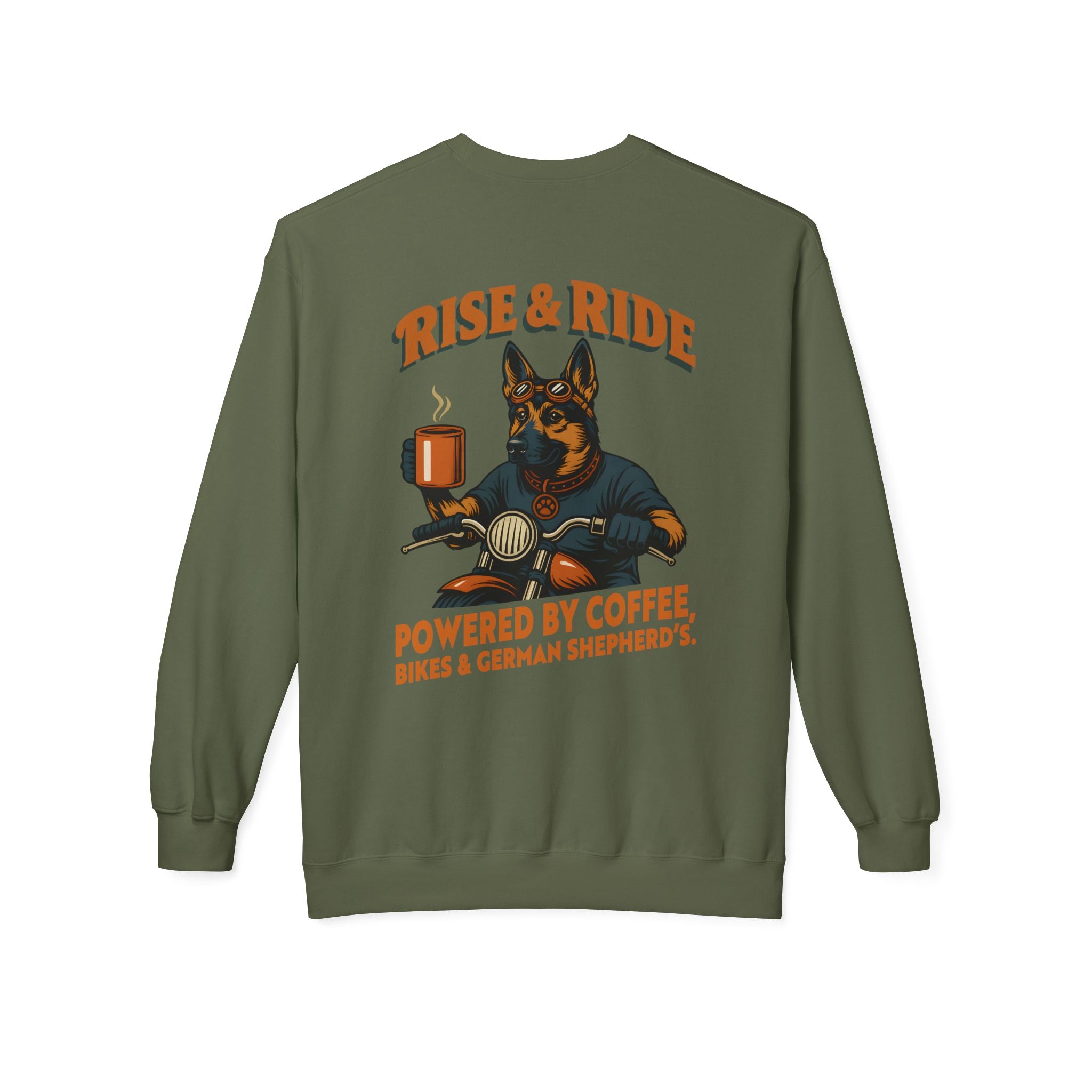 Dog German Shepherd Biker Coffee Shirt | Rise & Ride Motorcycle Sweatshirt for Men Back Print