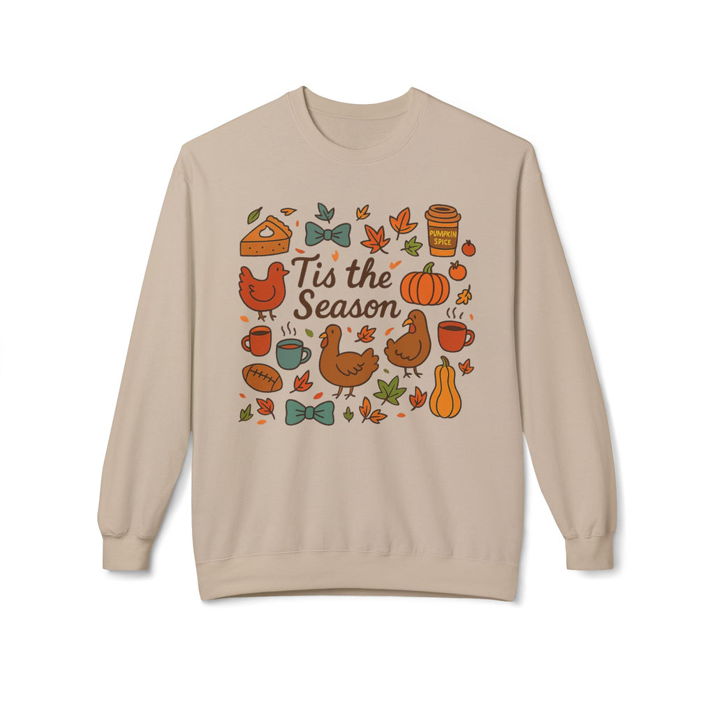 Beige sweatshirt with autumn-themed graphics and 'Tis the Season' text on a white background