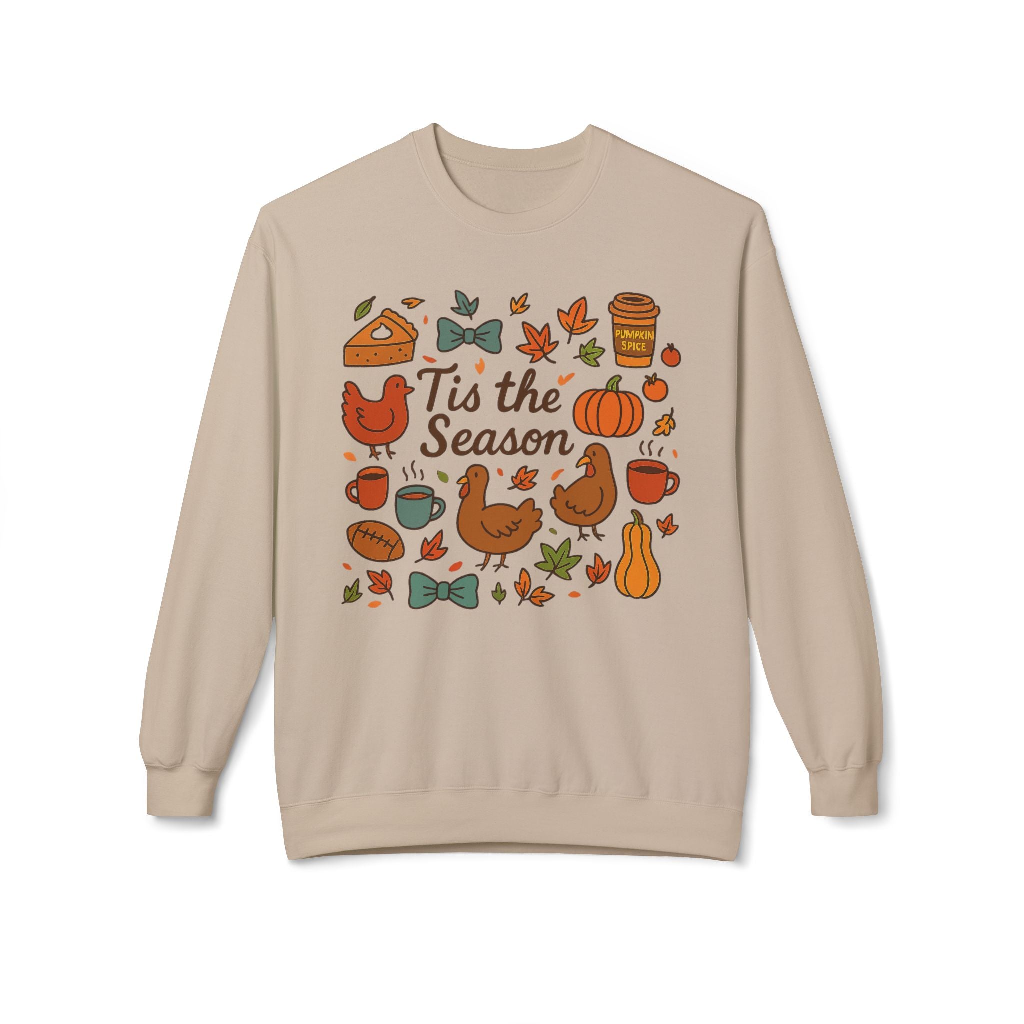 Beige sweatshirt with autumn-themed graphics and 'Tis the Season' text on a white background