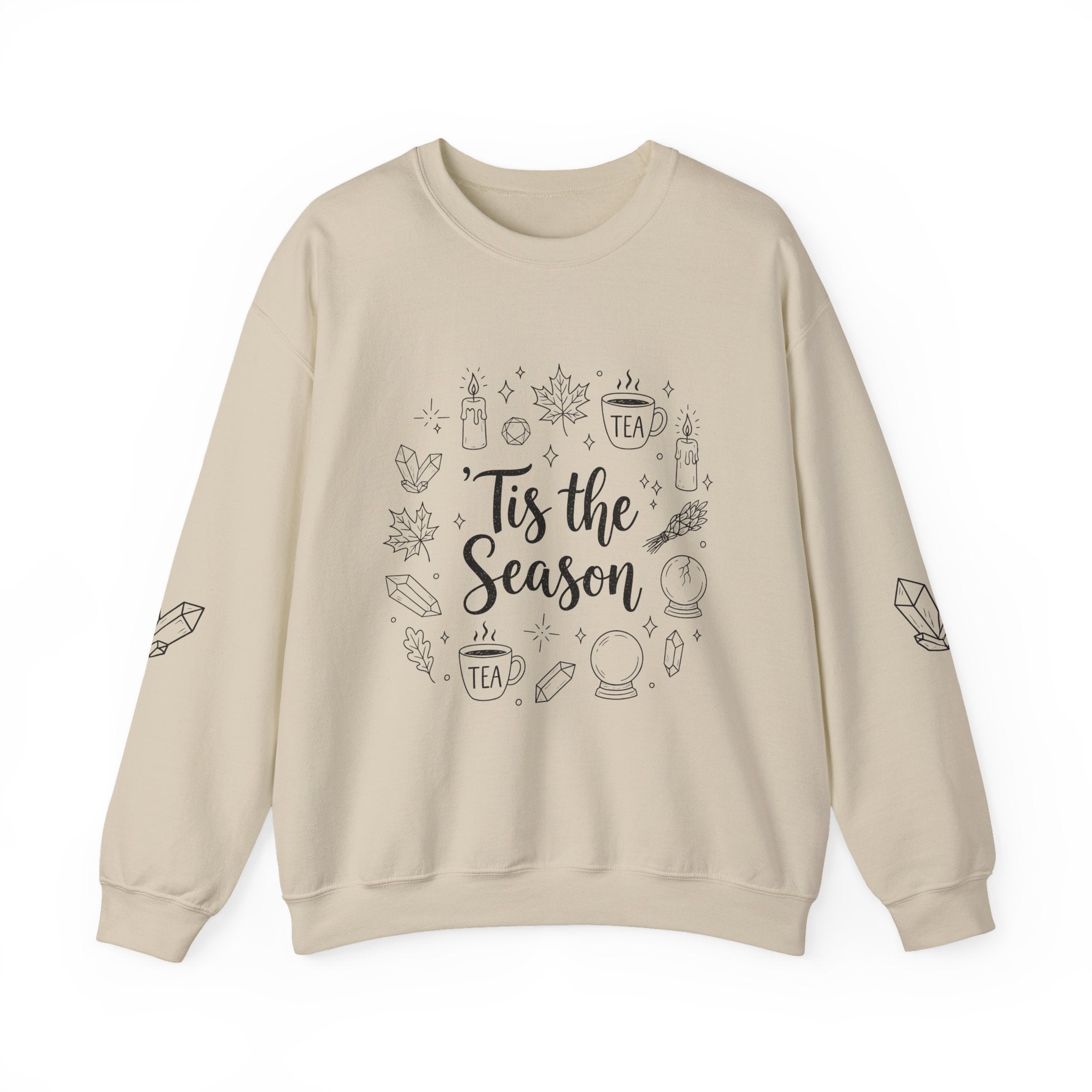 Tis the Season Doodles Sweatshirt | Mystical Celestial Holiday Mystic Crewneck with Printed Sleeves