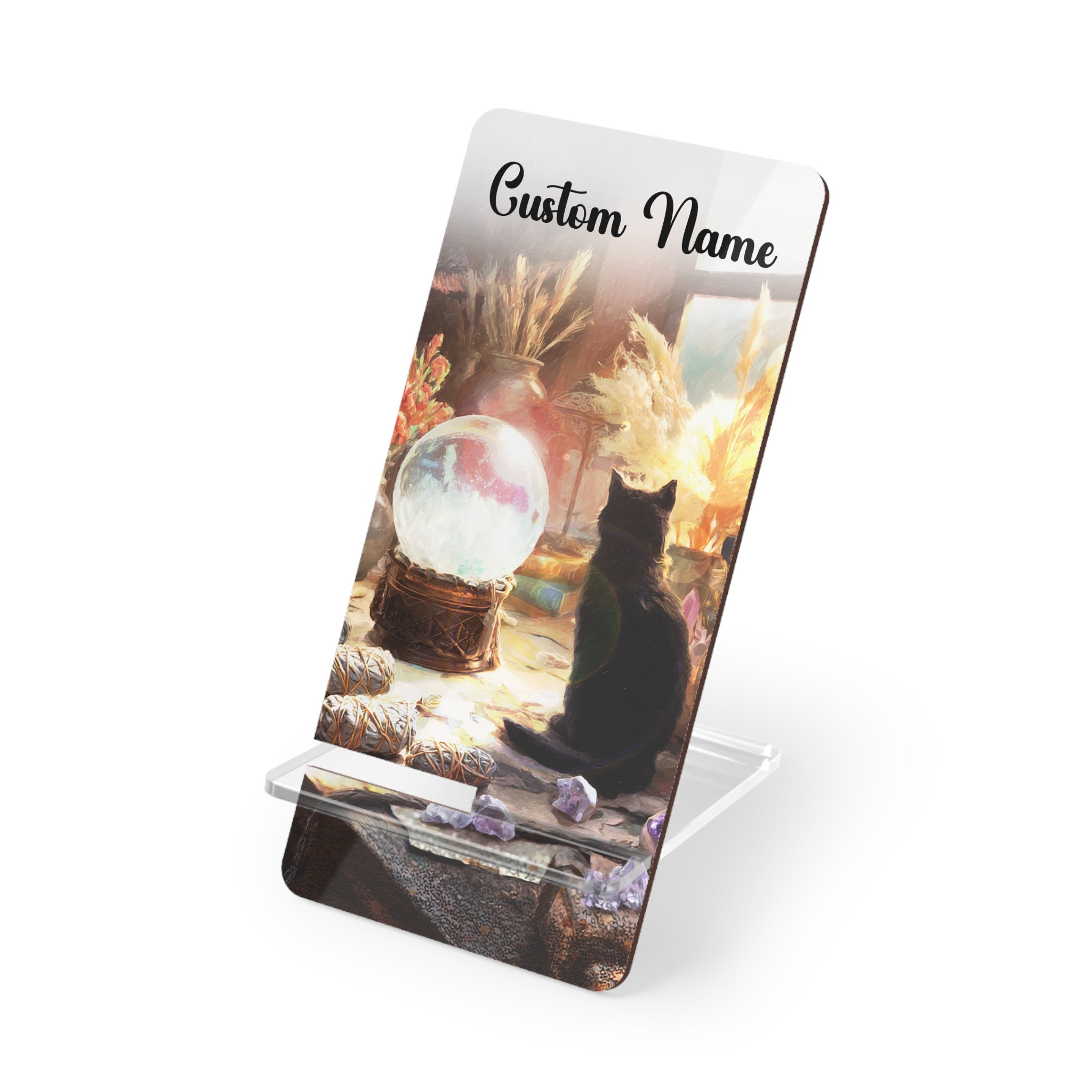 Witchy Black Cat Crystal Ball Custom Mobile Display Stand for Smartphones | Phone Desk Holder