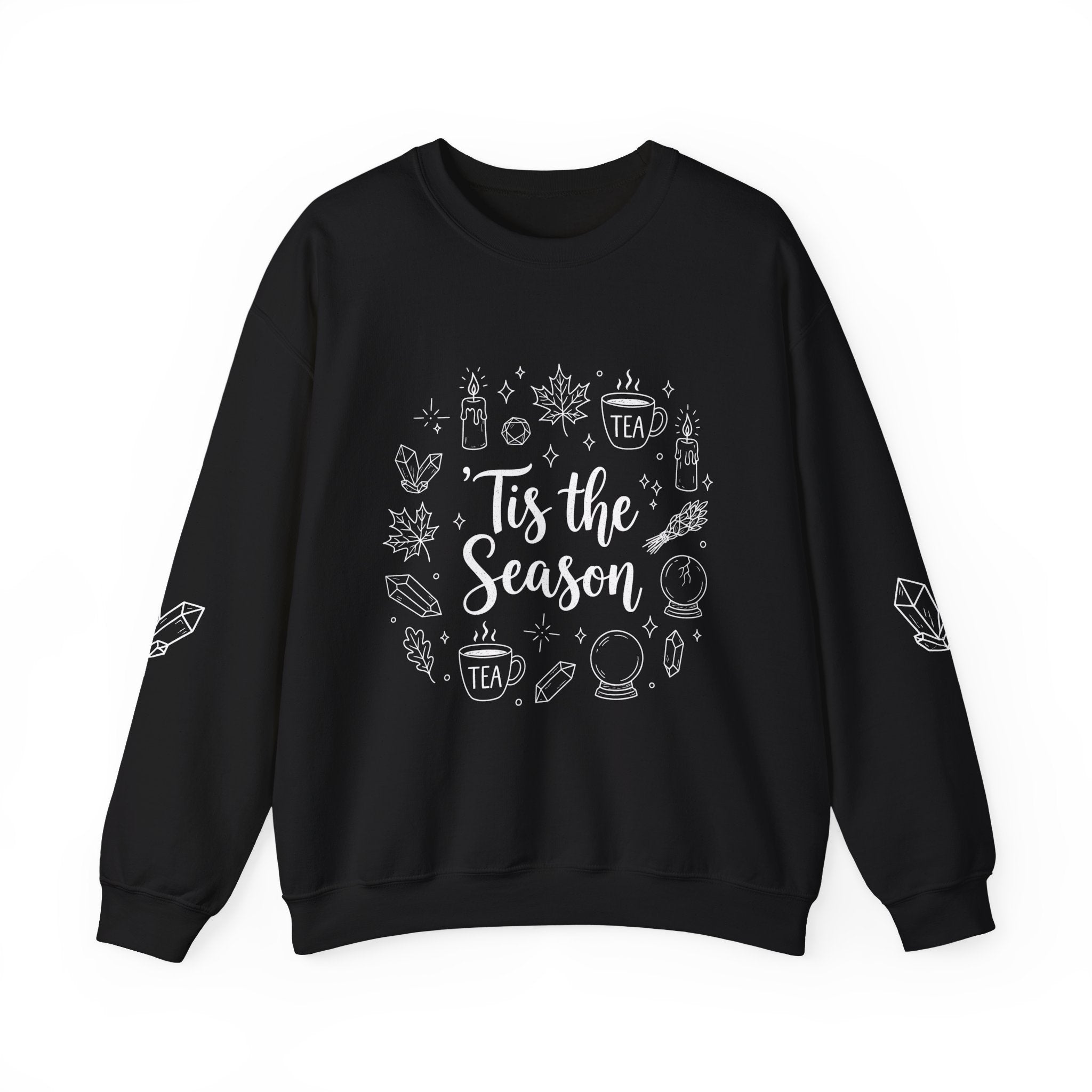 Tis the Season Doodles Sweatshirt | Mystical Celestial Holiday Mystic Crewneck with Printed Sleeves