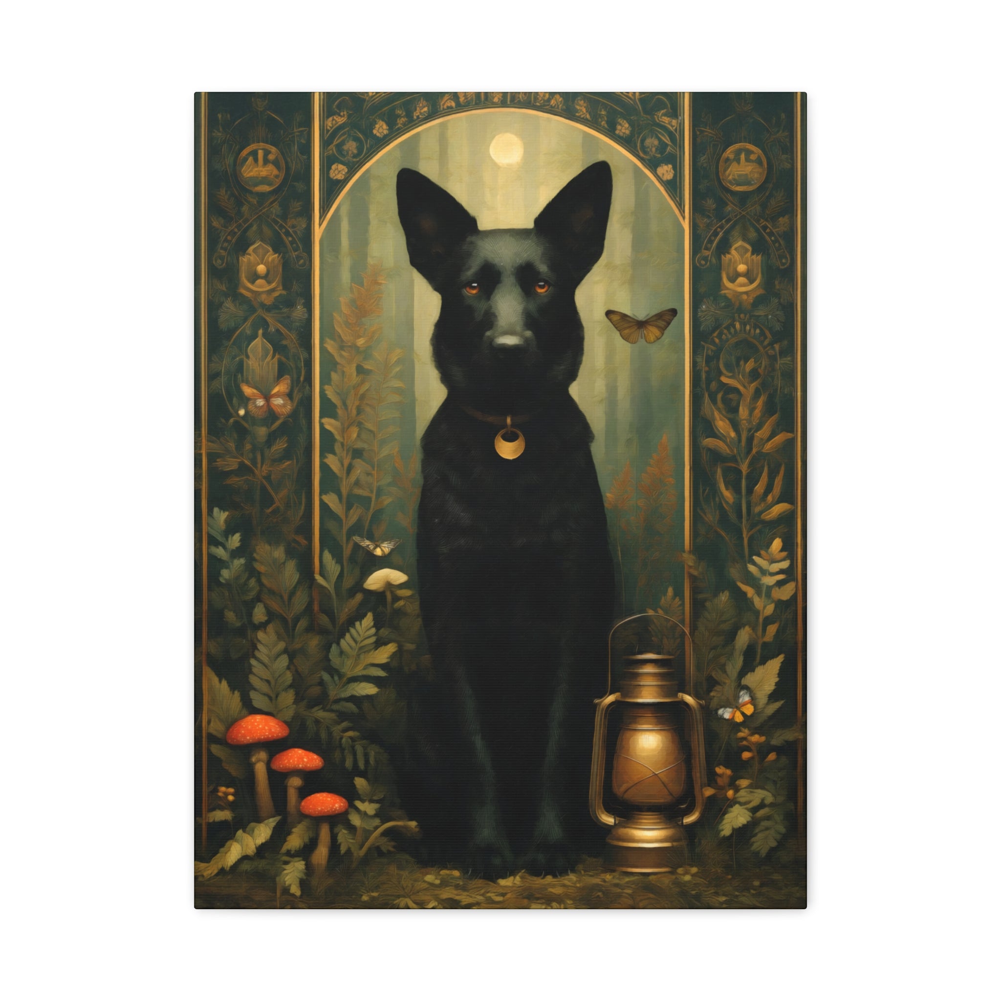 Black German Shepherd Canvas | Forest Garden Botanical Dog Wall Art with Painterly