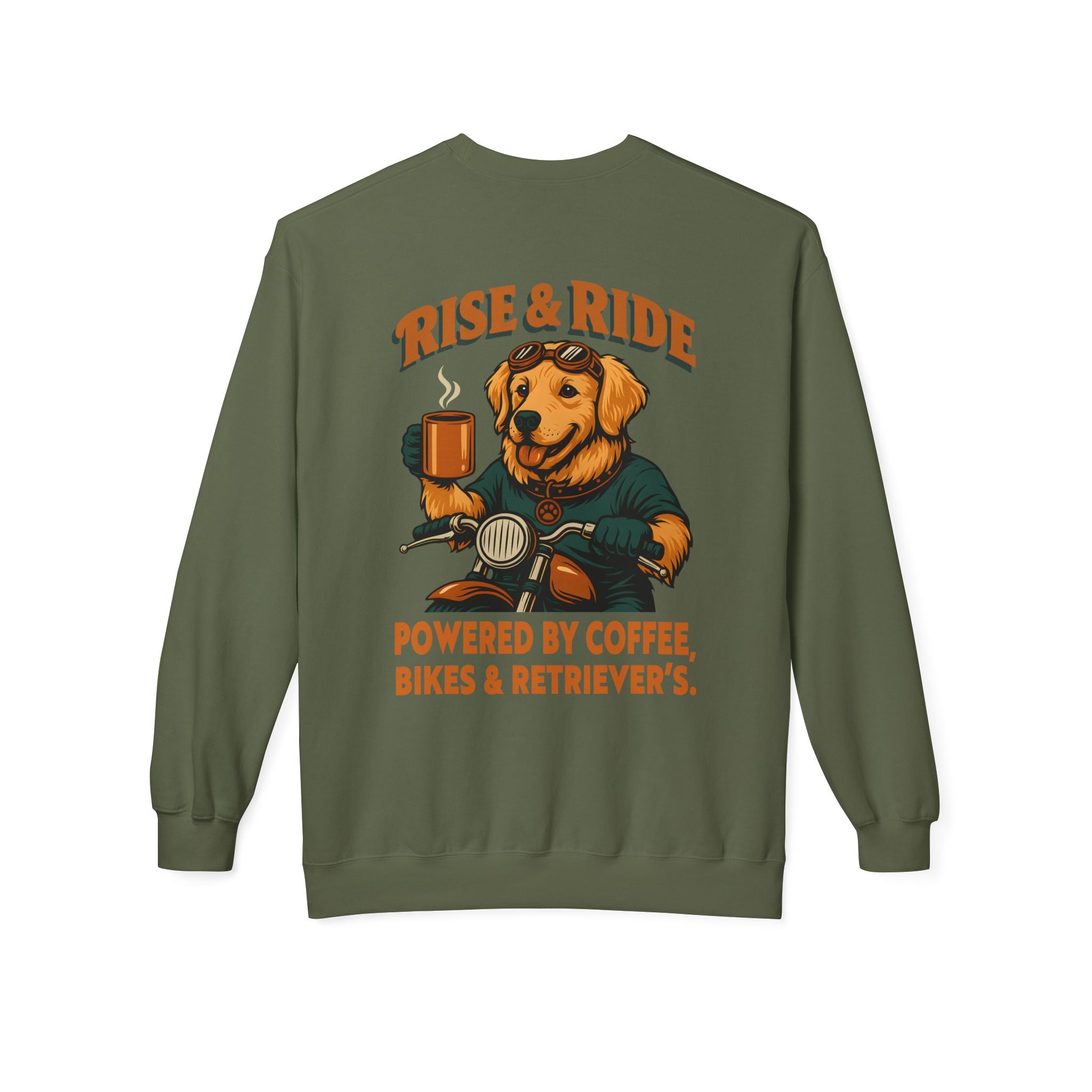 Dog Golden Retriever Biker Coffee Shirt | Rise & Ride Motorcycle Sweatshirt for Men Back Print
