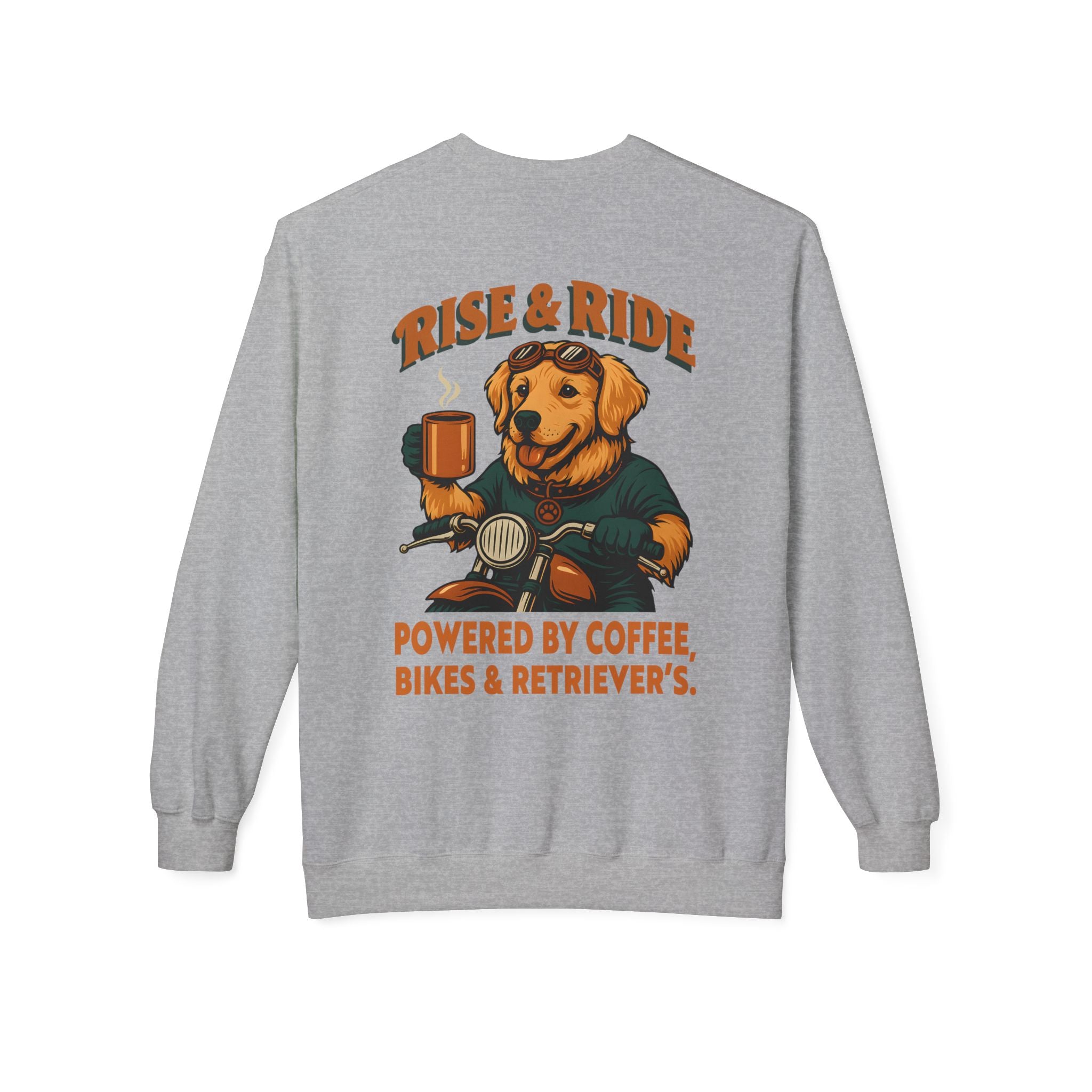 Dog Golden Retriever Biker Coffee Shirt | Rise & Ride Motorcycle Sweatshirt for Men Back Print