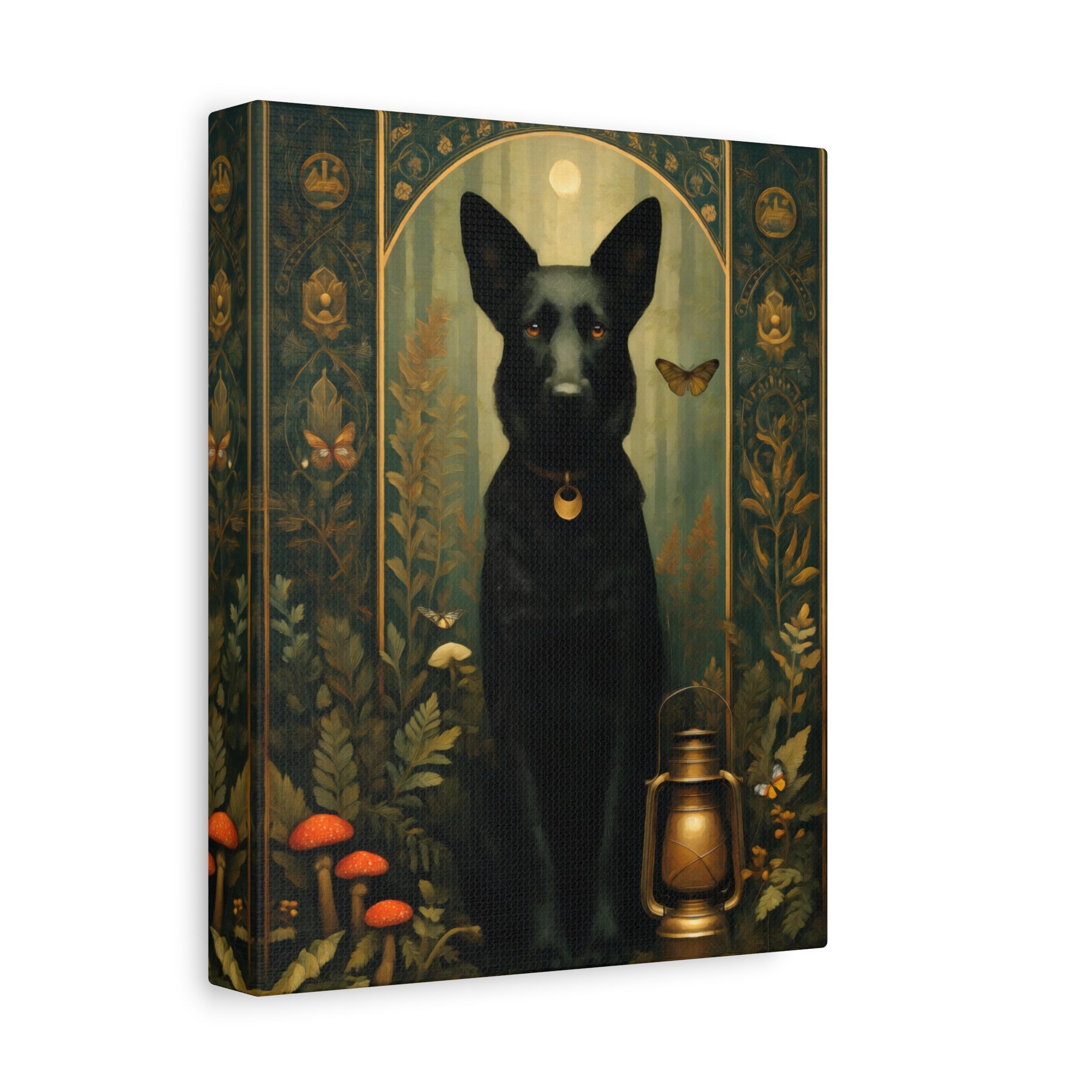 Black German Shepherd Canvas | Forest Garden Botanical Dog Wall Art with Painterly