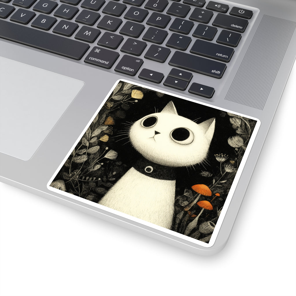 Wide-Eyed White Cat Square Sticker | Cute Cat Illustration, Mushroom Forest