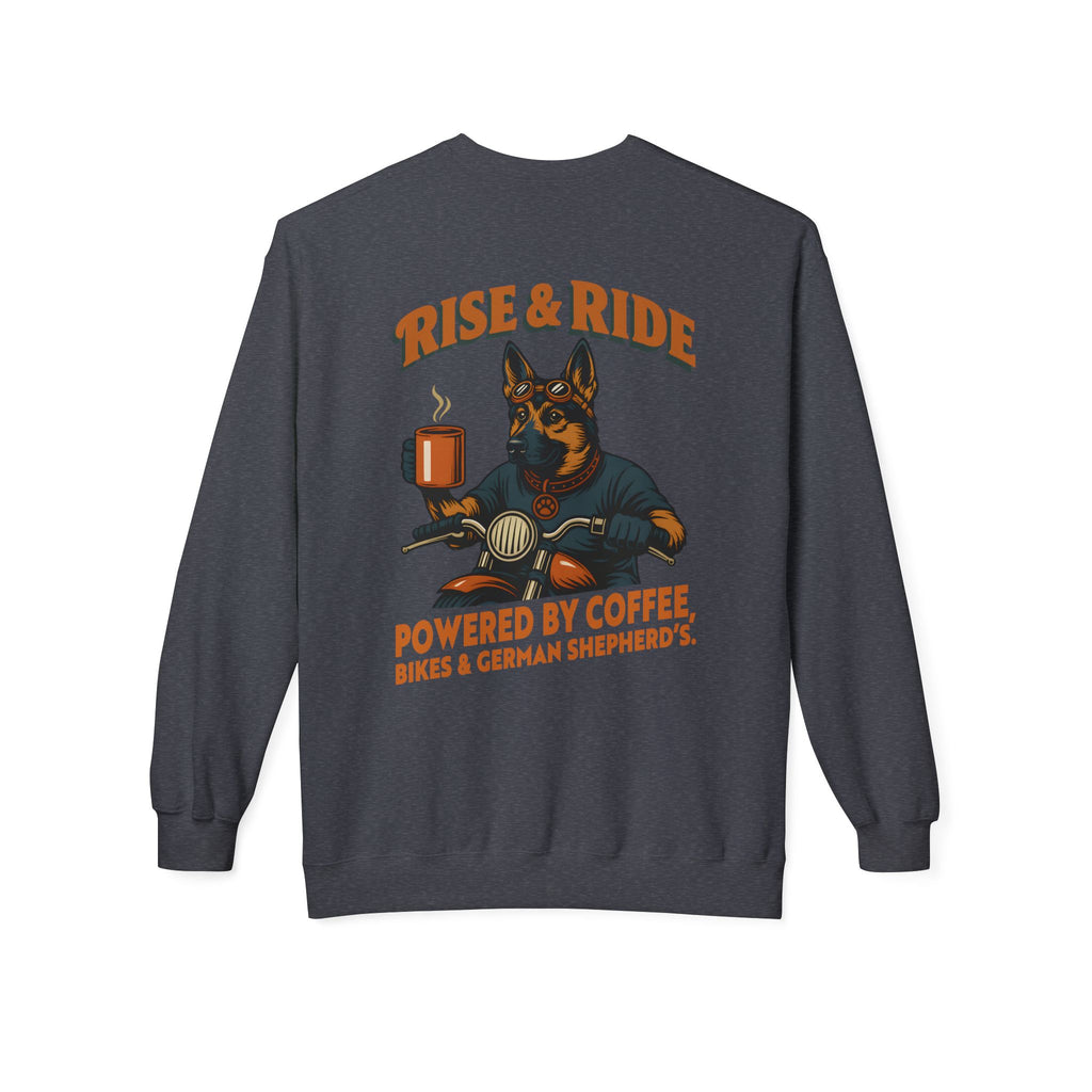 Dog German Shepherd Biker Coffee Shirt | Rise & Ride Motorcycle Sweatshirt for Men Back Print