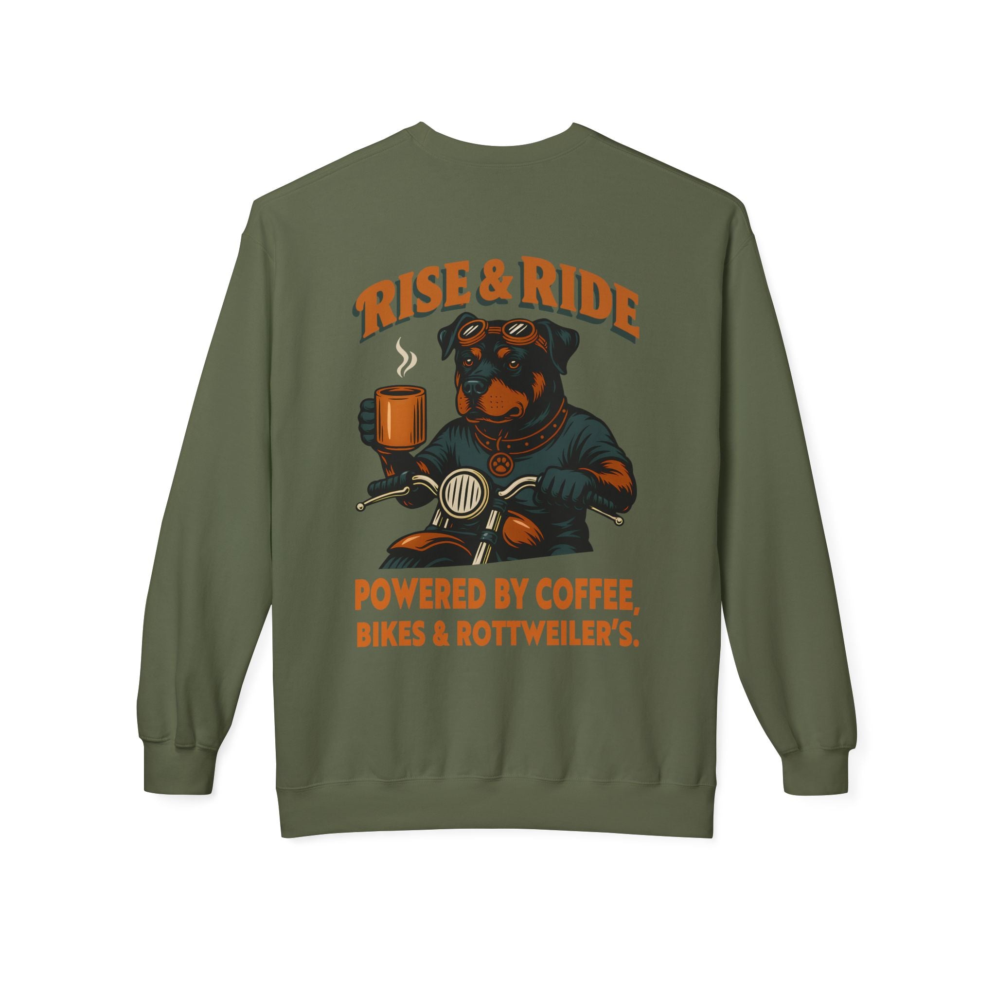 Dog Rottweiler Biker Coffee Shirt | Rise & Ride Motorcycle Sweatshirt for Men Back Print