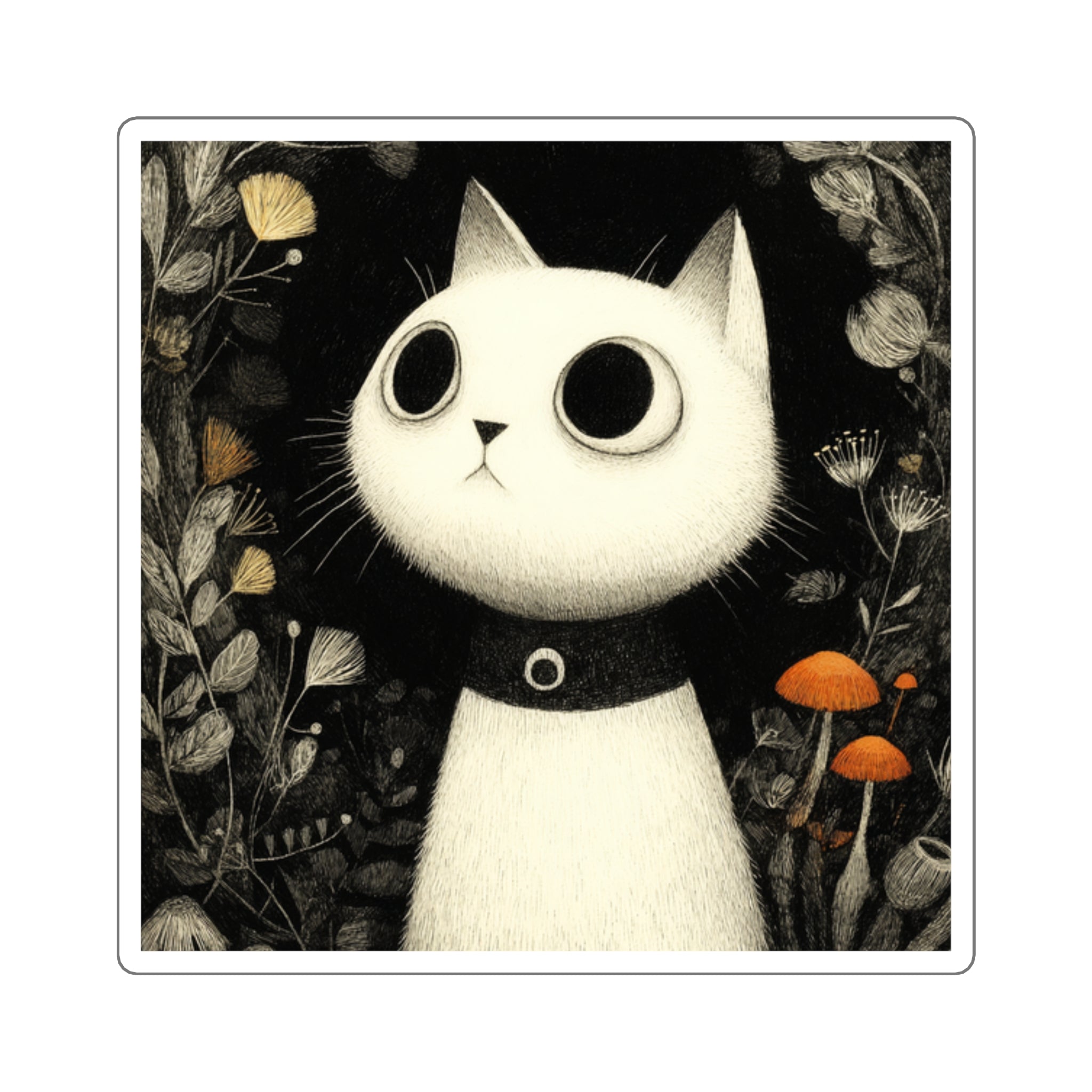 Wide-Eyed White Cat Square Sticker | Cute Cat Illustration, Mushroom Forest