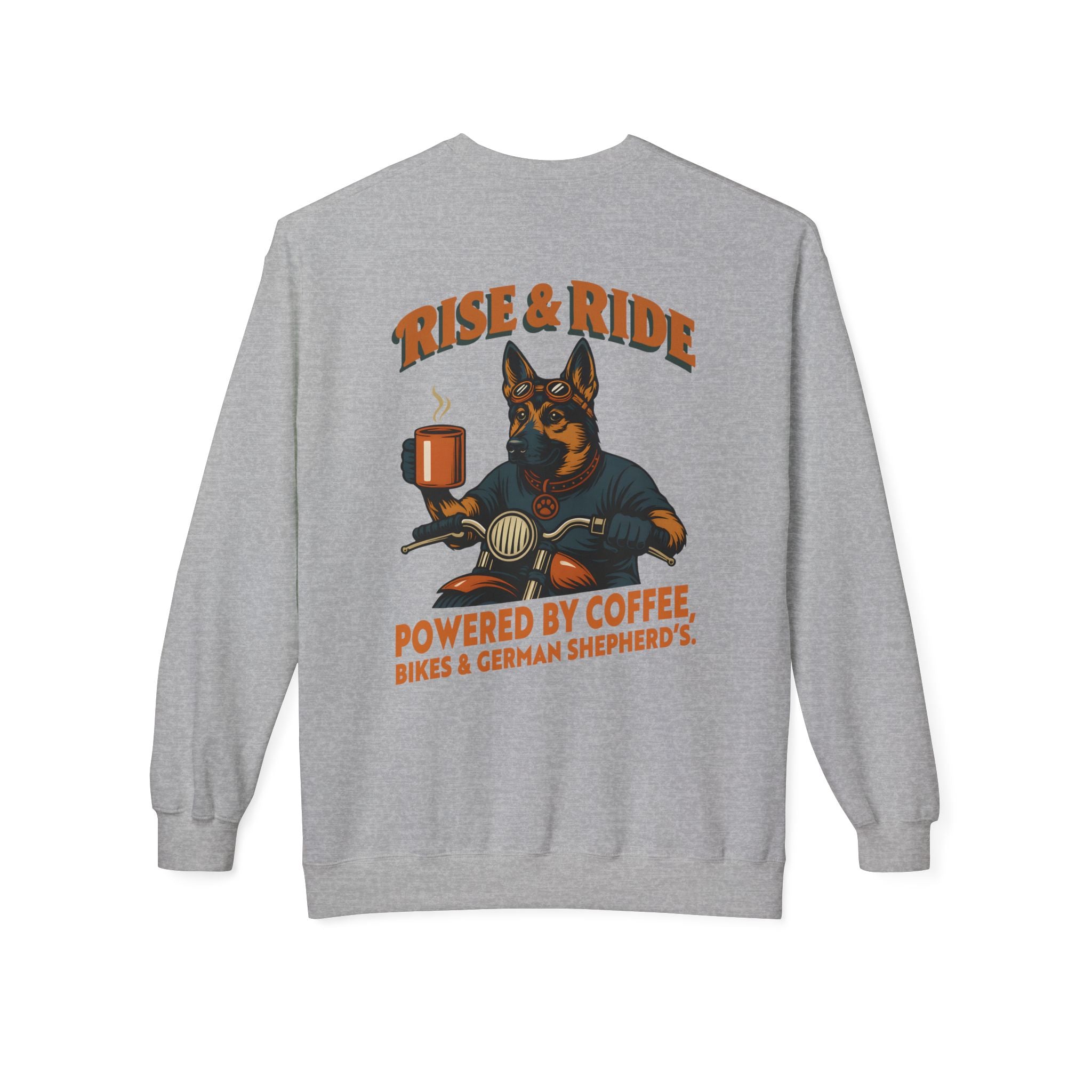 Dog German Shepherd Biker Coffee Shirt | Rise & Ride Motorcycle Sweatshirt for Men Back Print