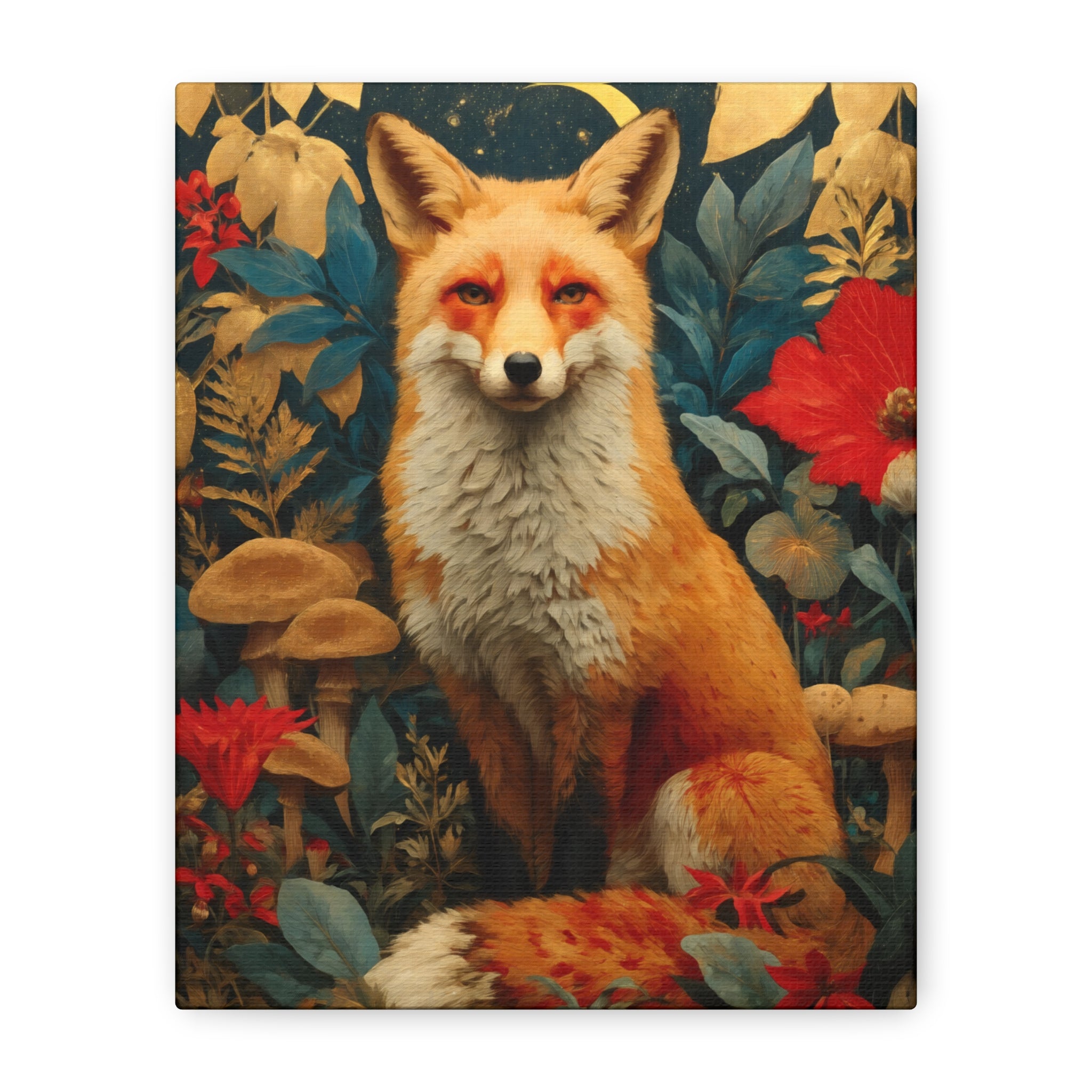 Red Fox Canvas Wall Art | Woodland Creatures Print in Deep Navy & Warm Earth Tones