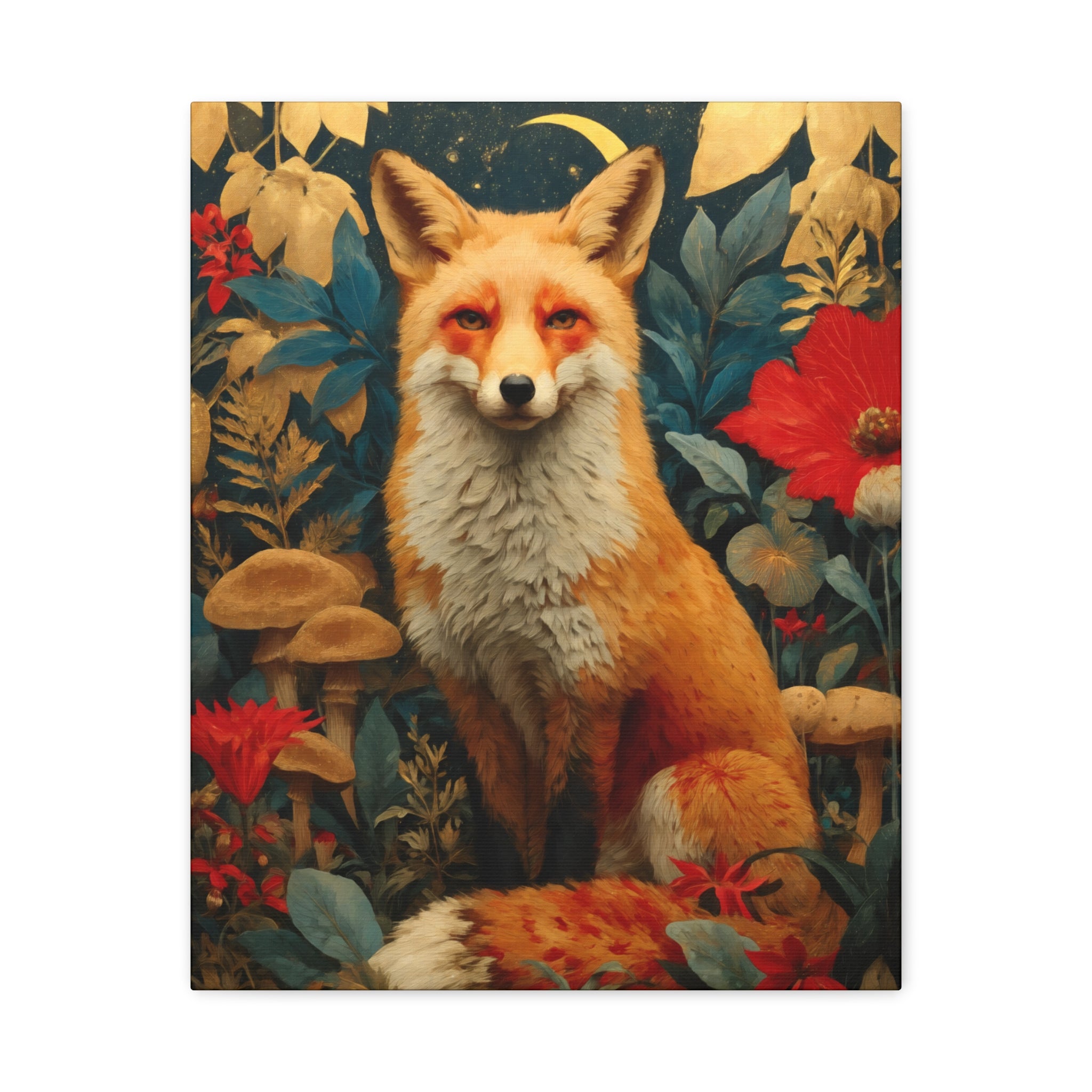 Red Fox Canvas Wall Art | Woodland Creatures Print in Deep Navy & Warm Earth Tones