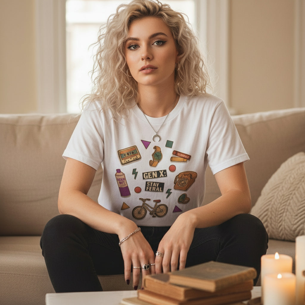White t-shirt with various graphic designs on a white background