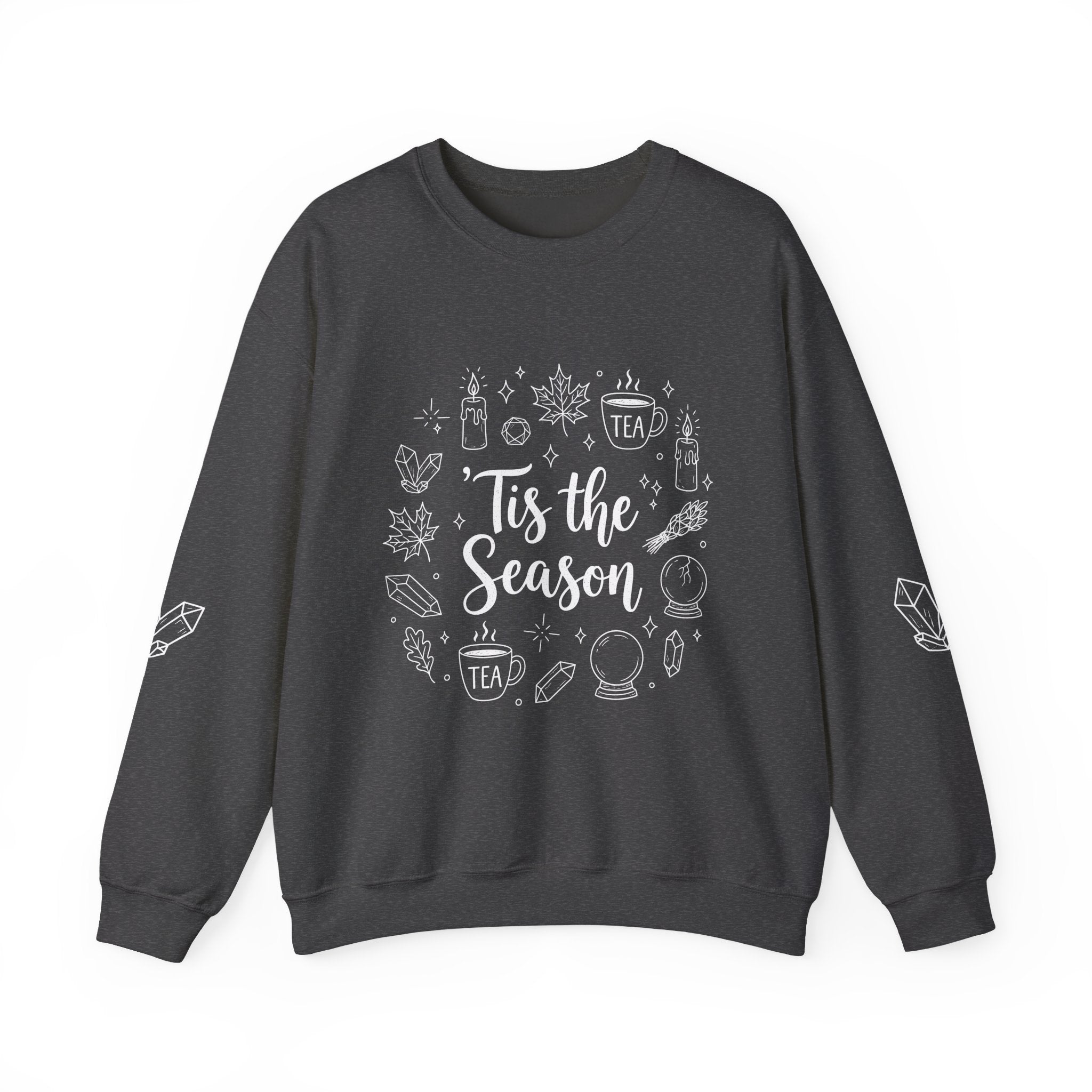 Tis the Season Doodles Sweatshirt | Mystical Celestial Holiday Mystic Crewneck with Printed Sleeves