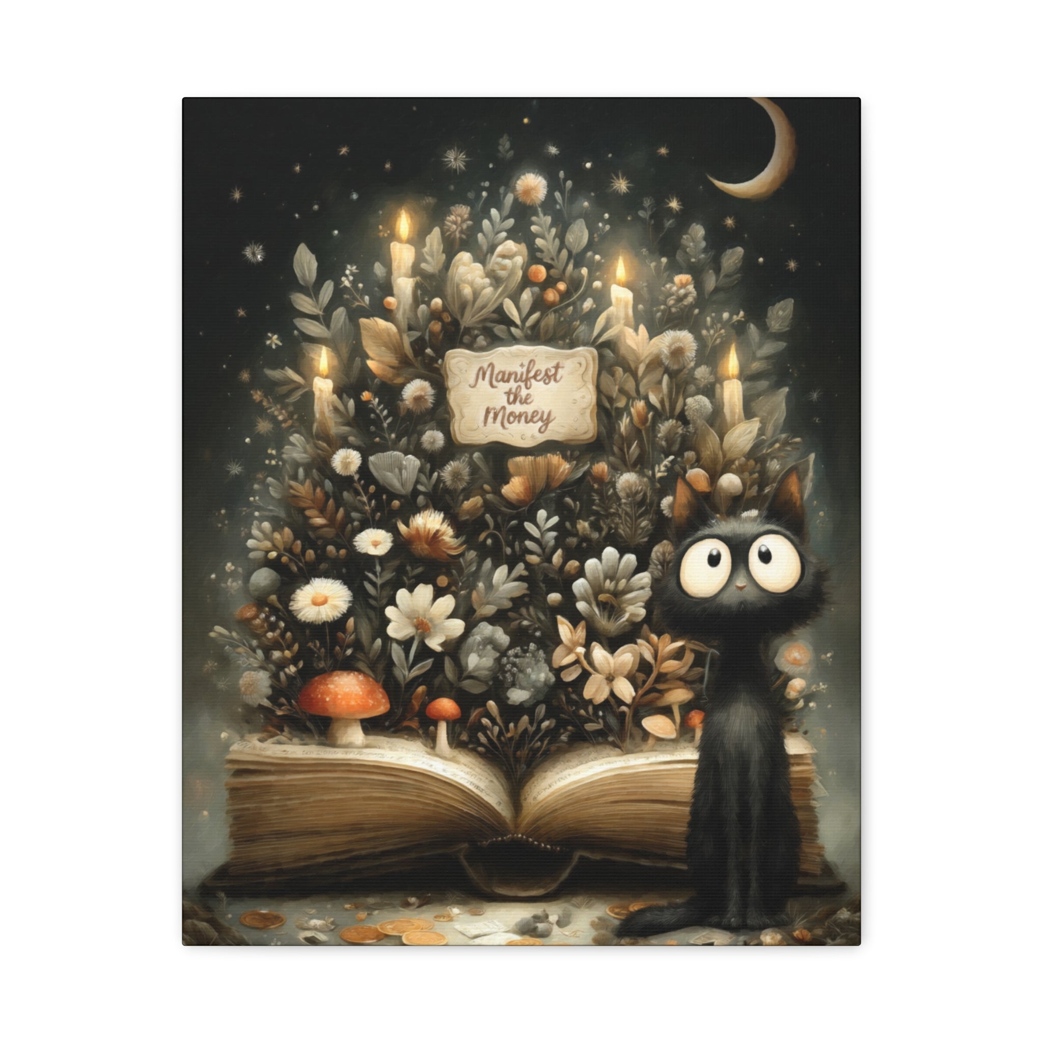 Manifest the Money Canvas Art | Mystical Black Cat Floral Painting for Cozy Home Decor