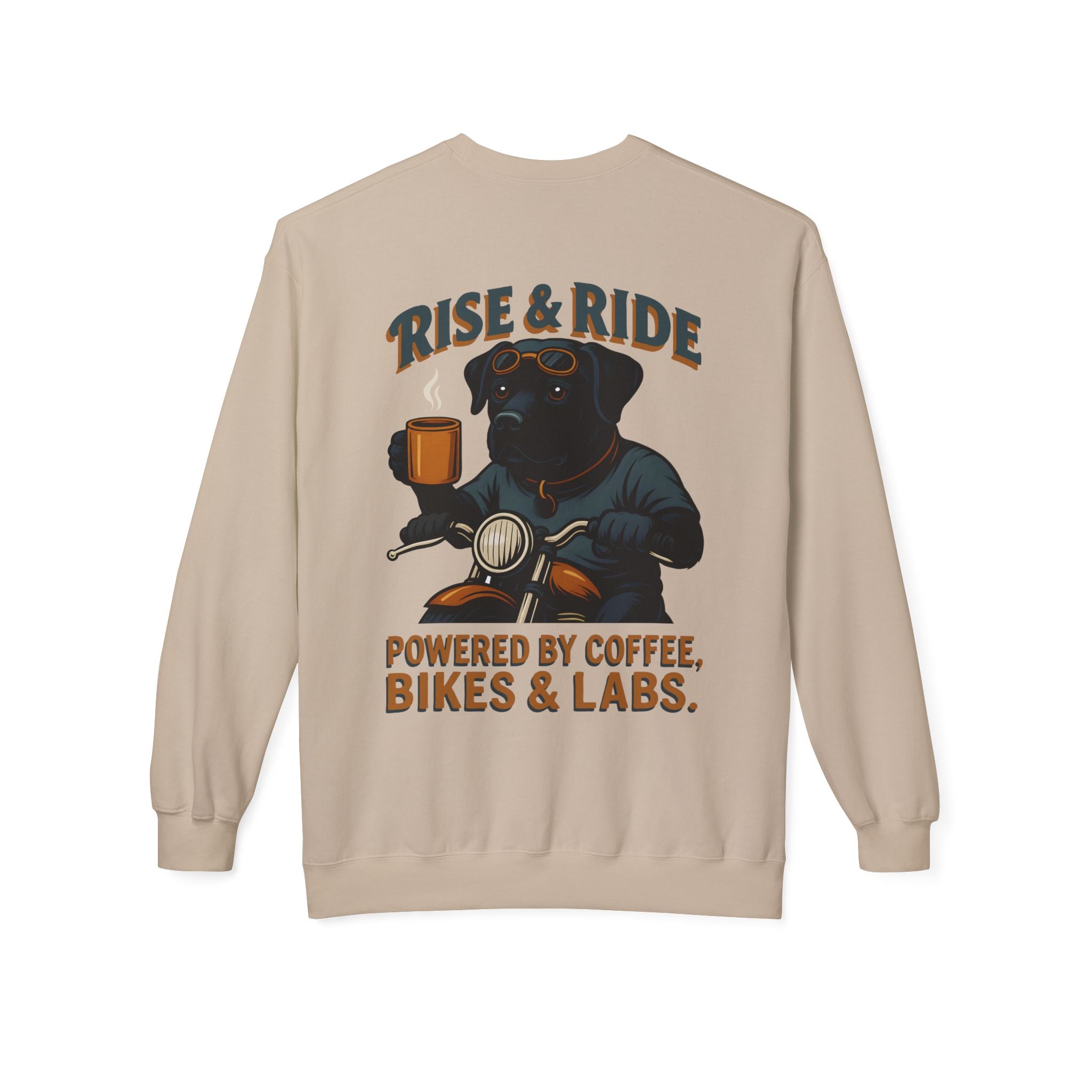 Dog Black Lab Biker Coffee Shirt | Lab Motorcycle Sweatshirt for Men Back Print