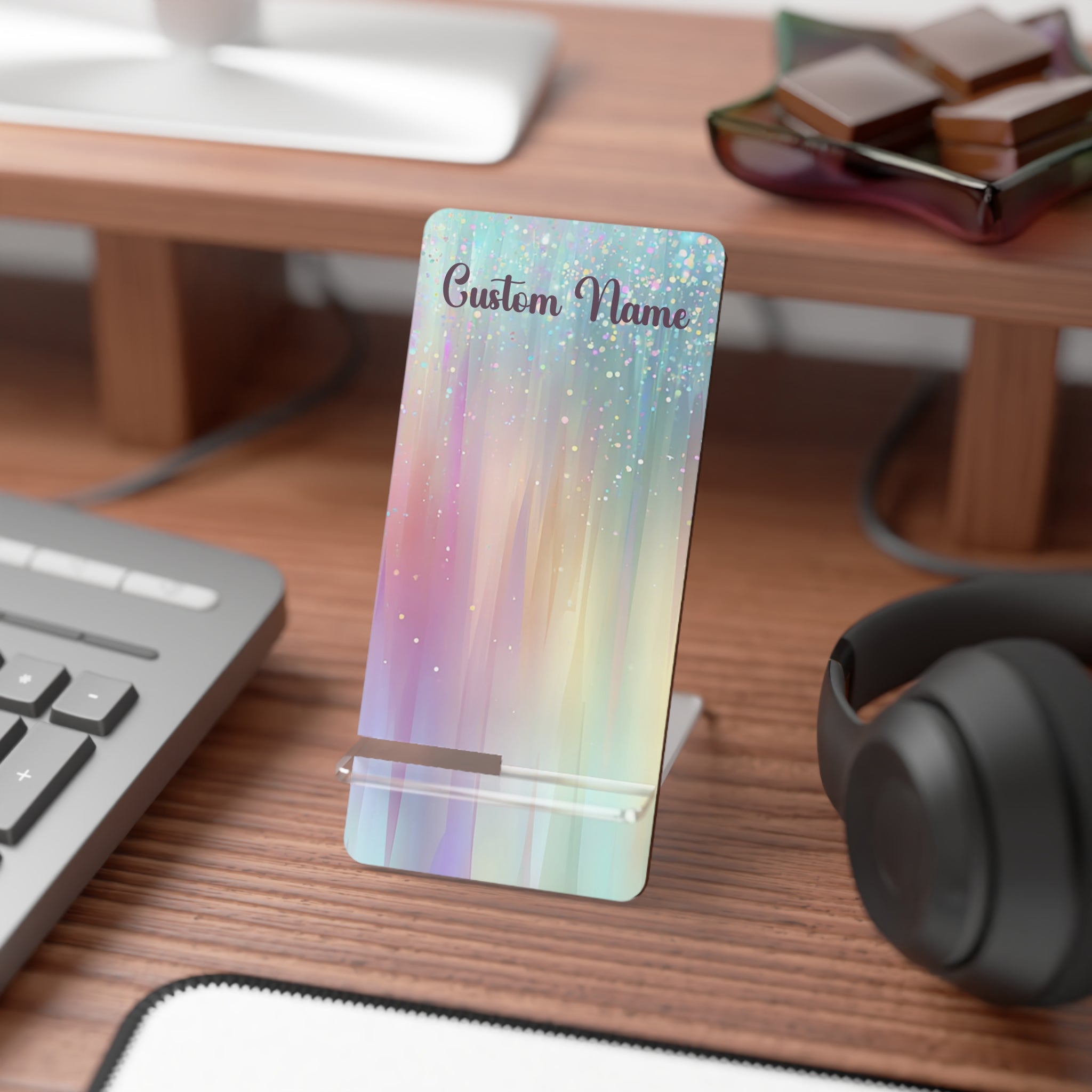 Iridescent Pastel Gradient Custom Phone Stand Mobile Display Stand | Personalized Name